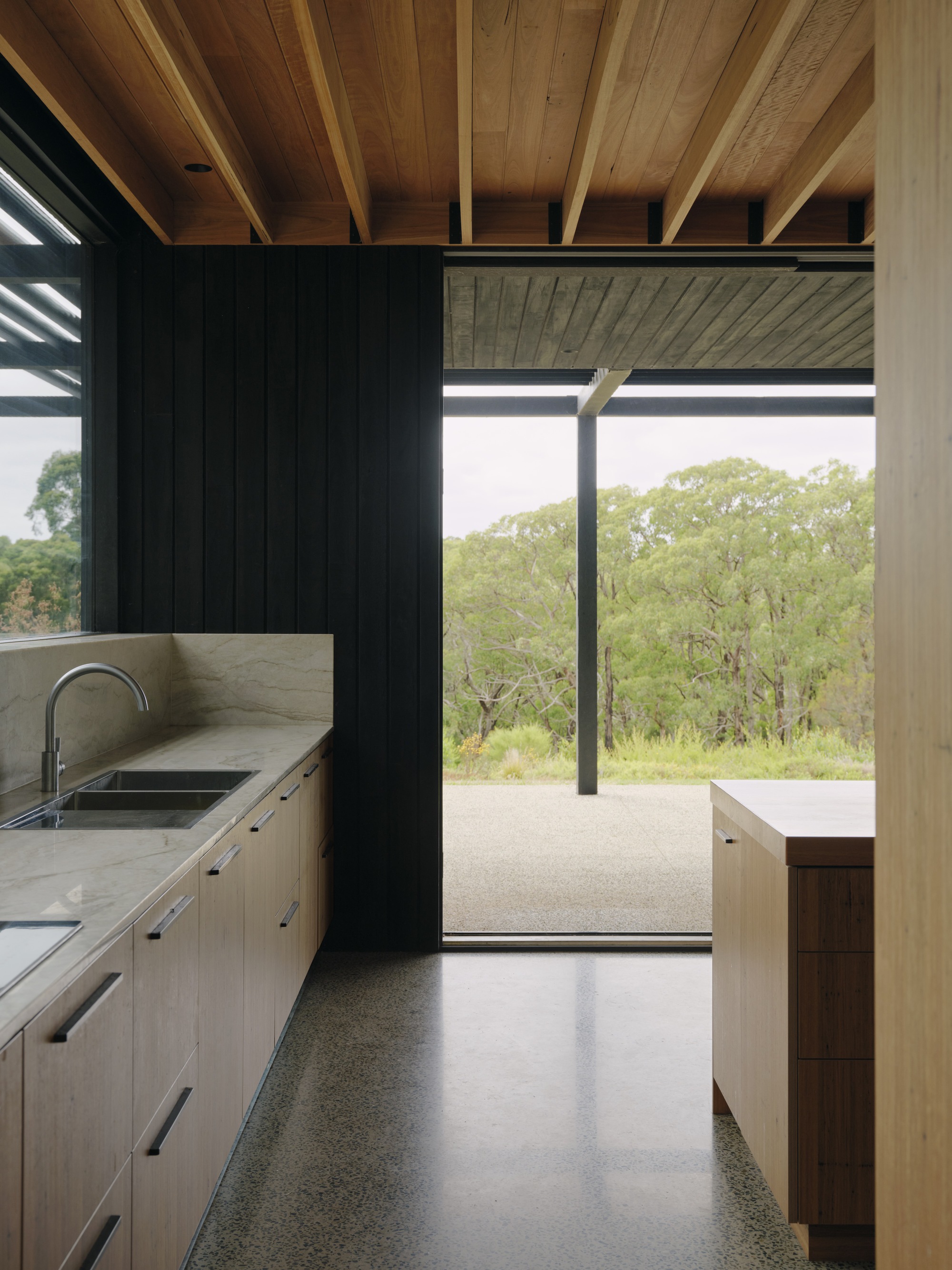 Kitchen with exposed timber ceiling joists and full-height glazing framing native eucalyptus trees