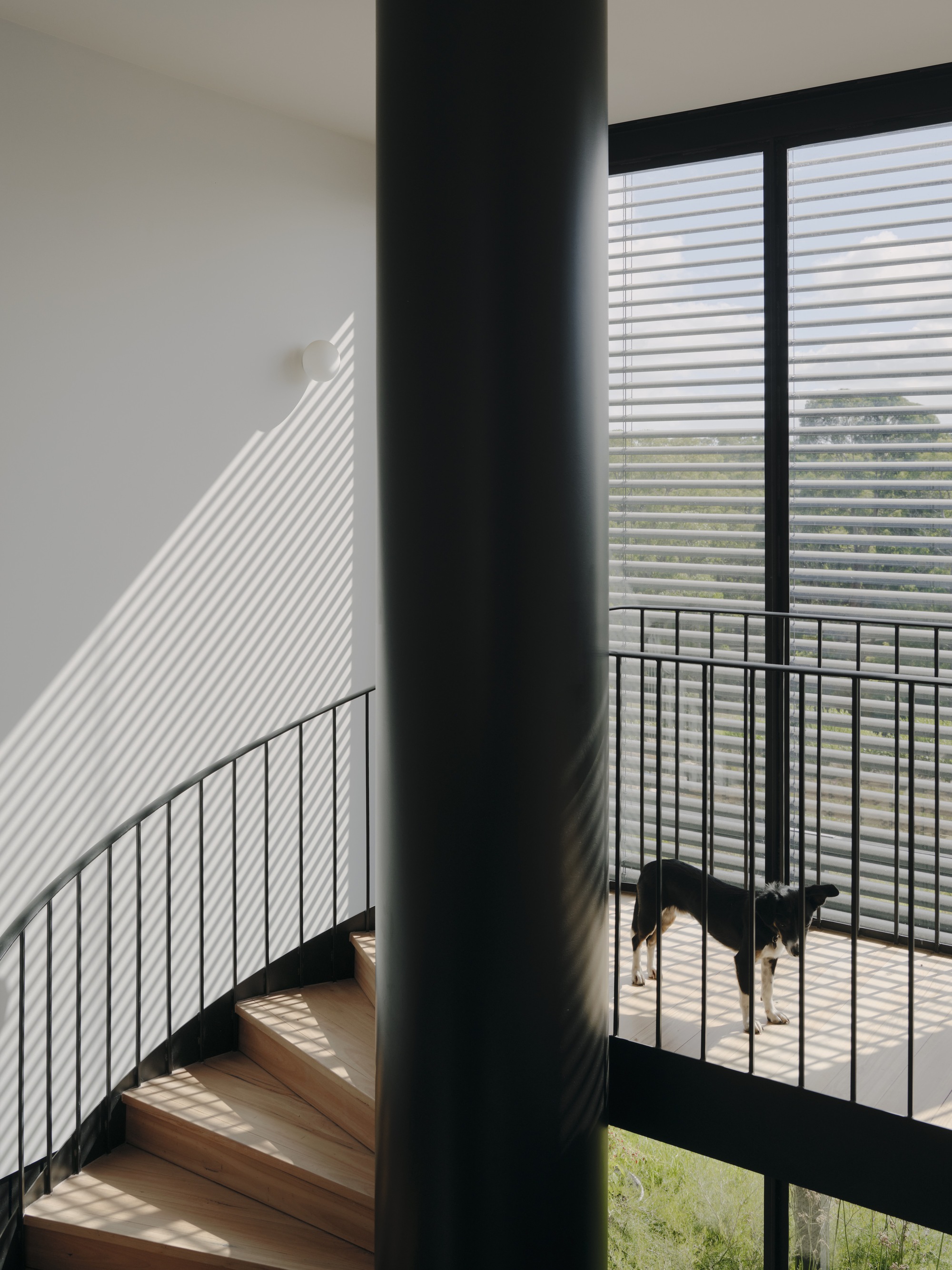 Timber stair with black steel column and balustrade casting striped shadows from horizontal blinds
