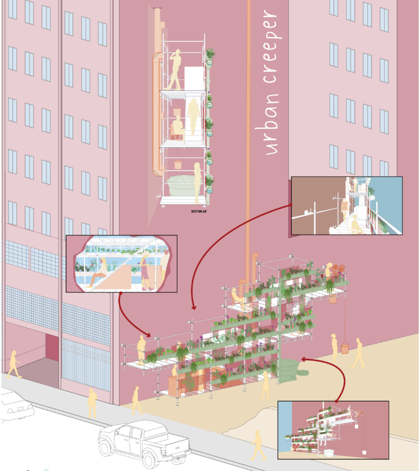 Urban Creeper activates a blank facade with modular platforms, vegetation, and shared community spaces.