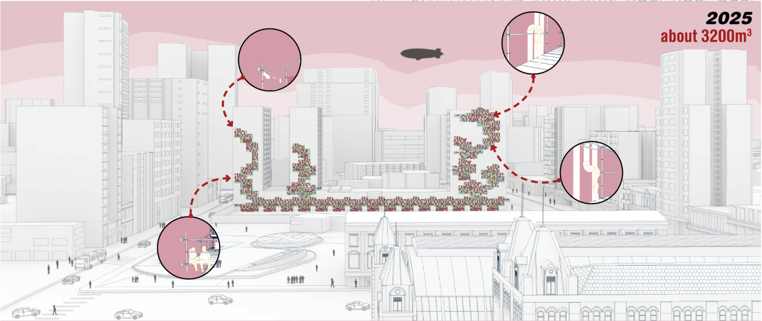 By 2025, the modular system expands across surrounding facades into a 3,200 m³ urban network.