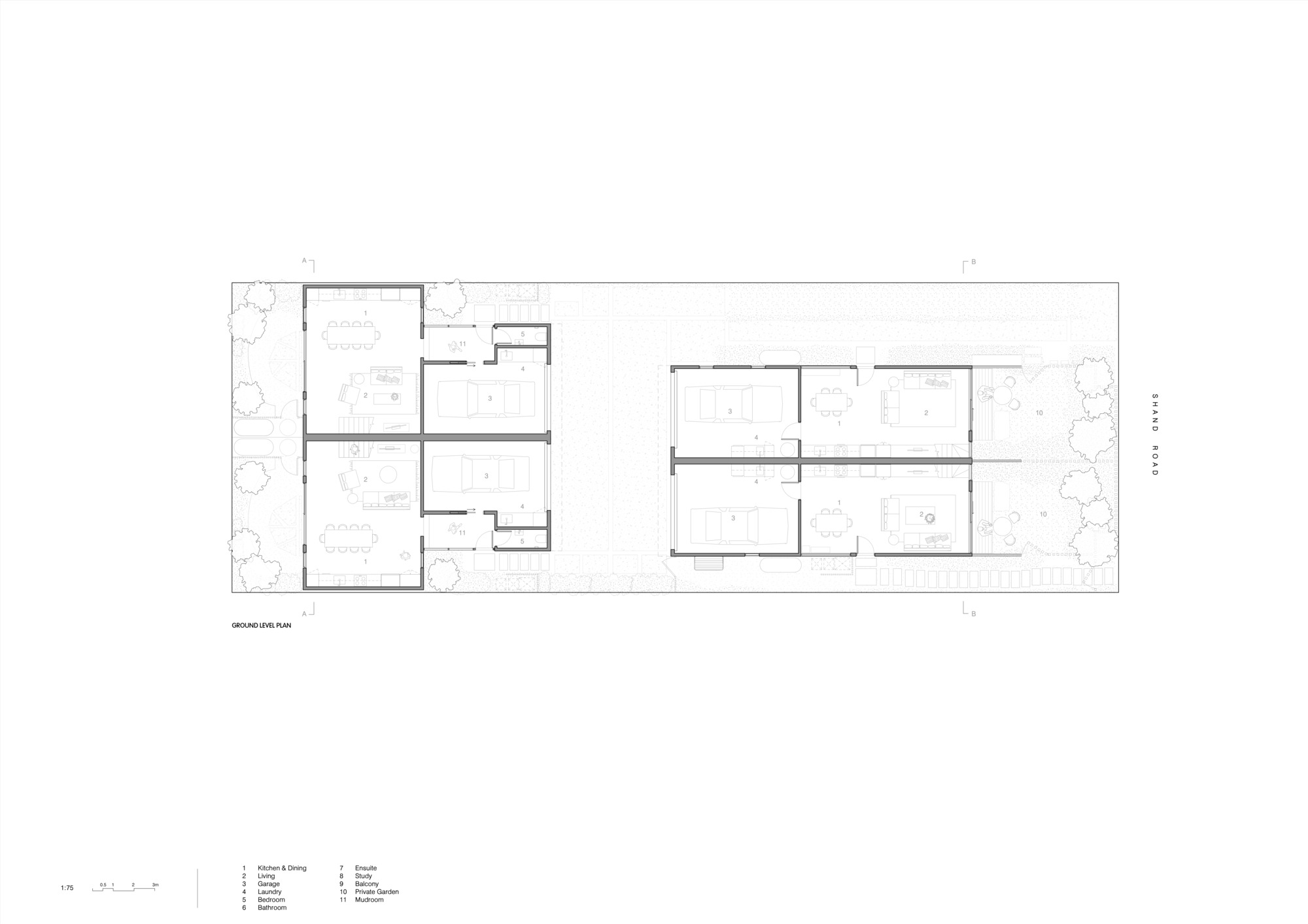 Ground floor plan drawing showing two residential units with landscaped courtyards flanking each side