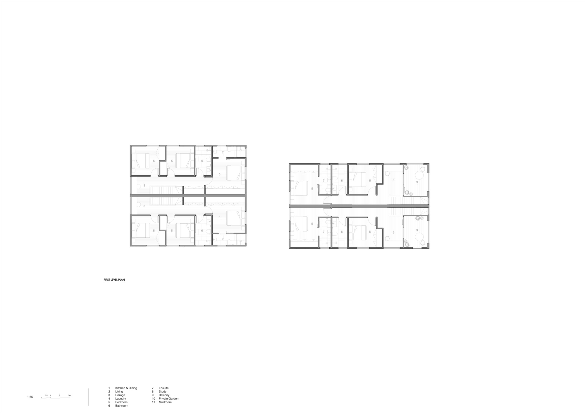 First floor plan drawing showing two mirrored residential units with central circulation corridor