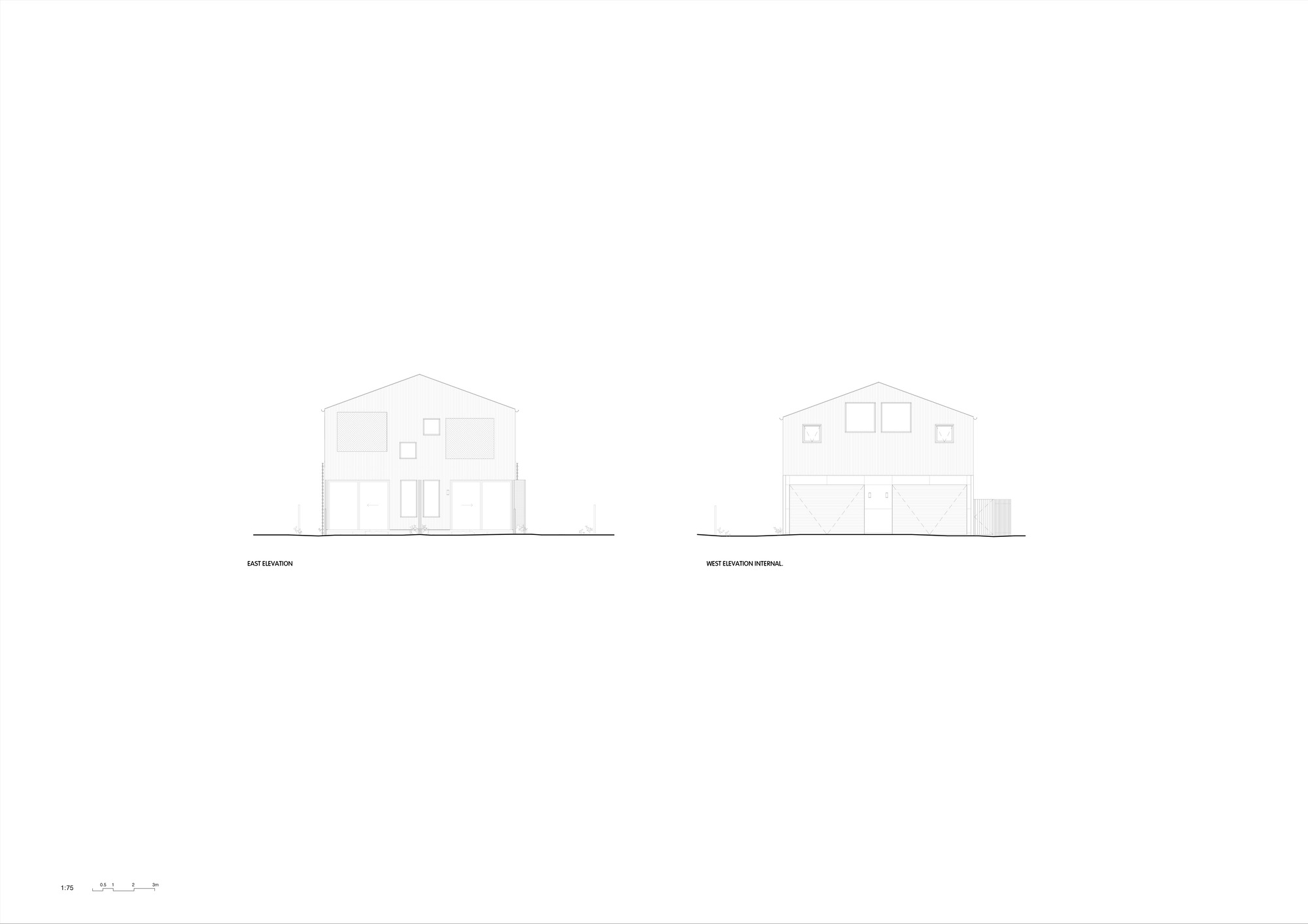 Elevation drawings showing east and west facades of the two-storey gabled residence
