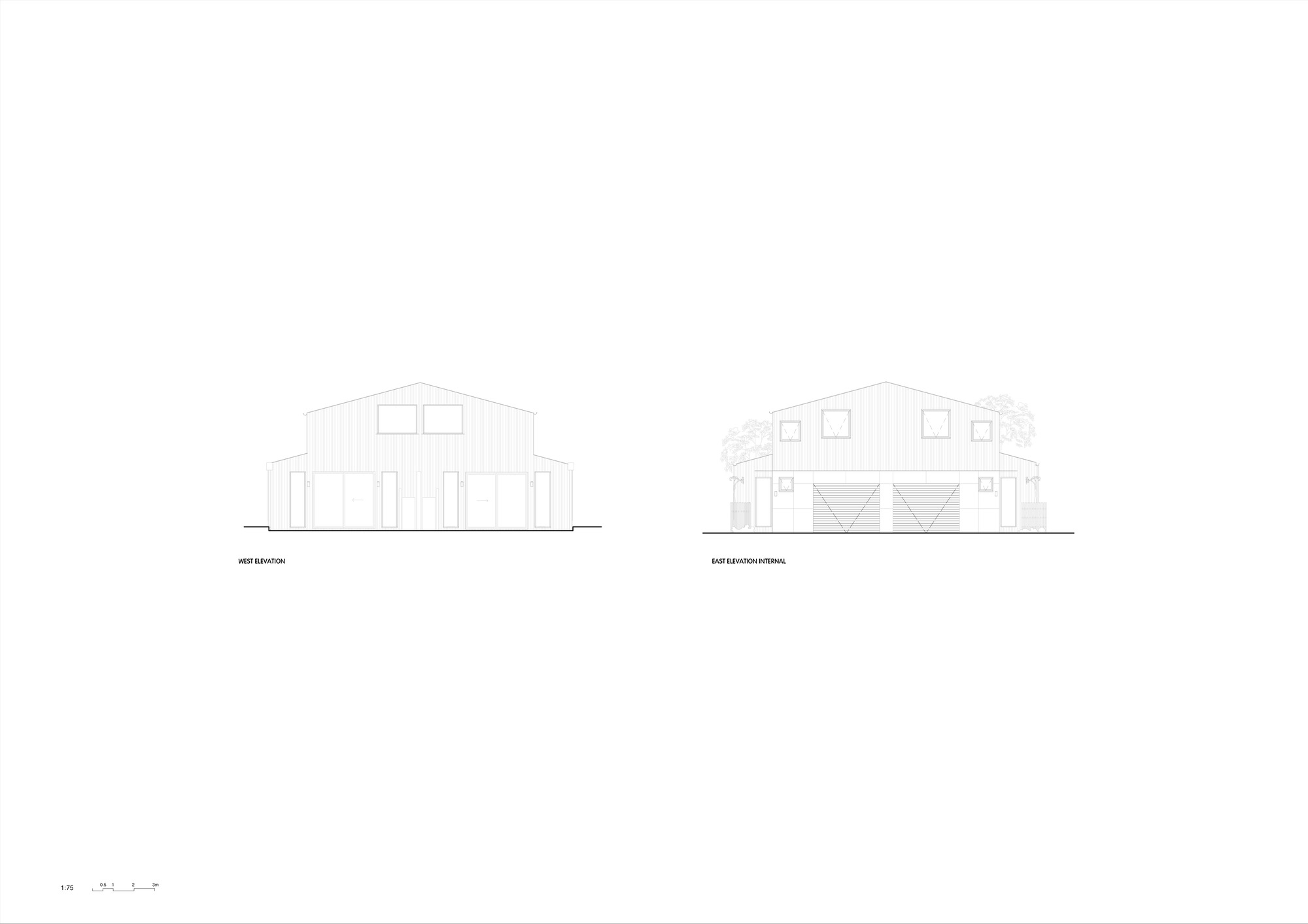 Elevation drawings showing two gabled volumes with columned portico and fenestration patterns
