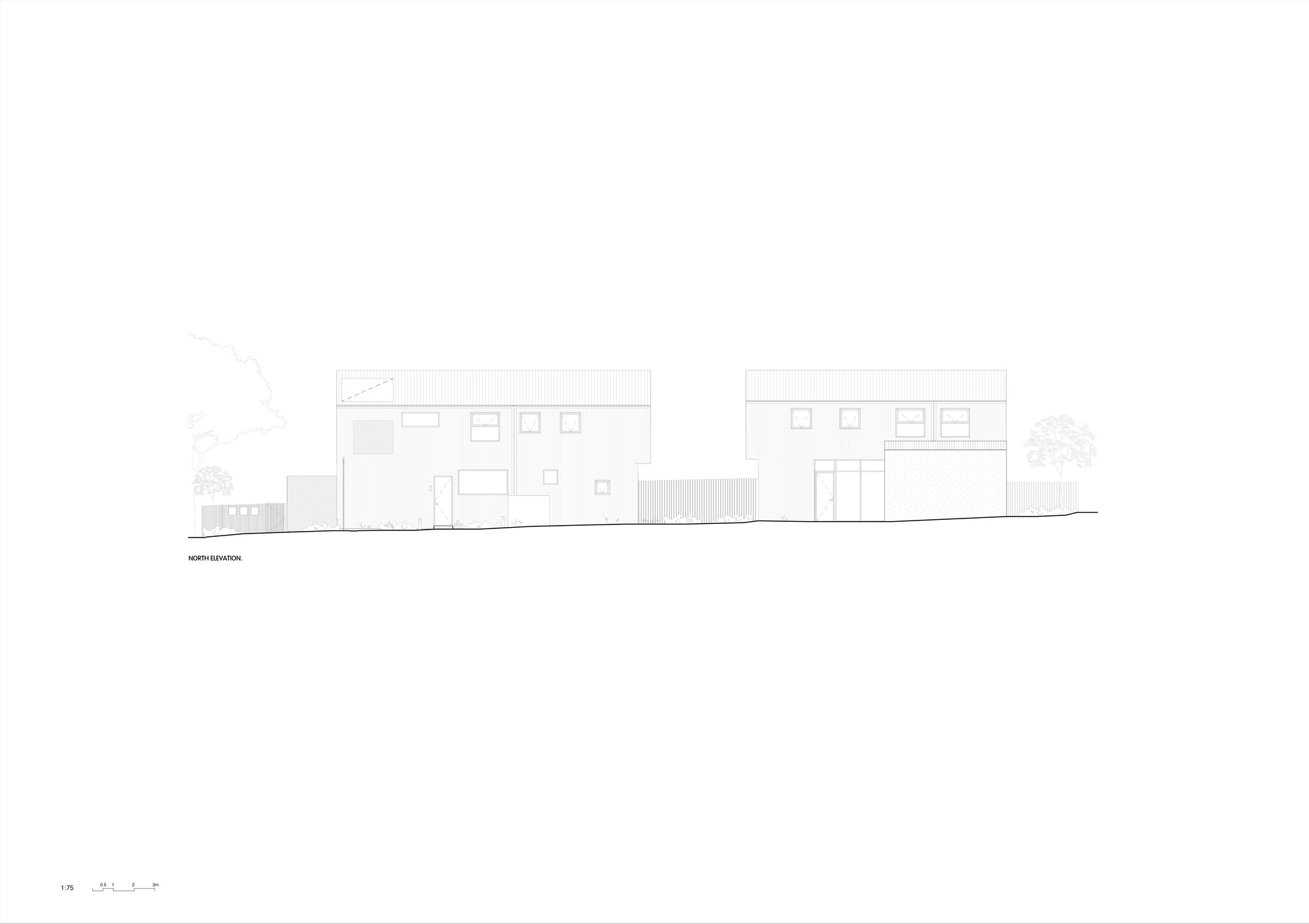 Elevation drawing depicting flat-roofed volumes with scattered window openings and flanking trees