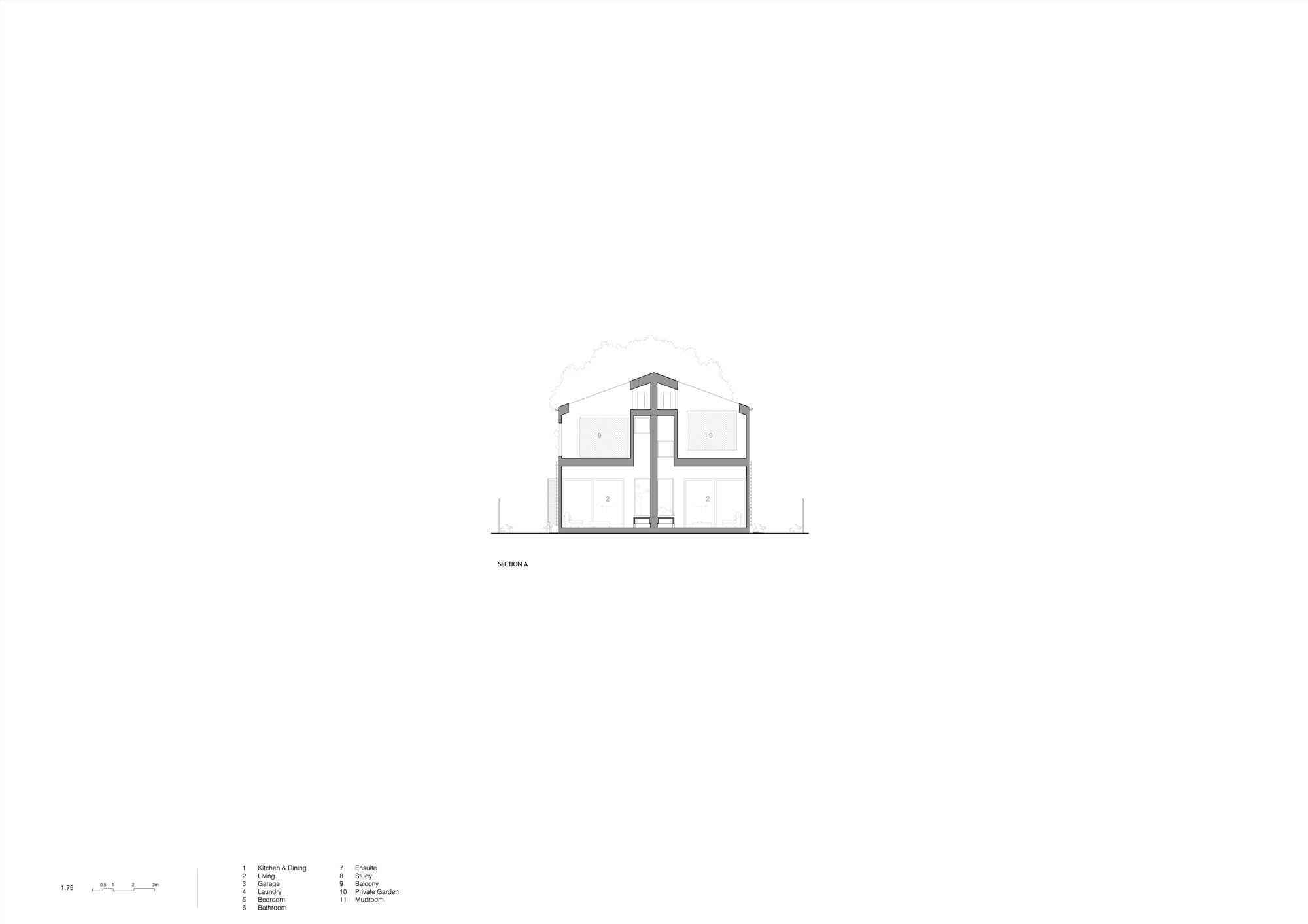 Section drawing through gabled structure revealing two-story interior spatial organization