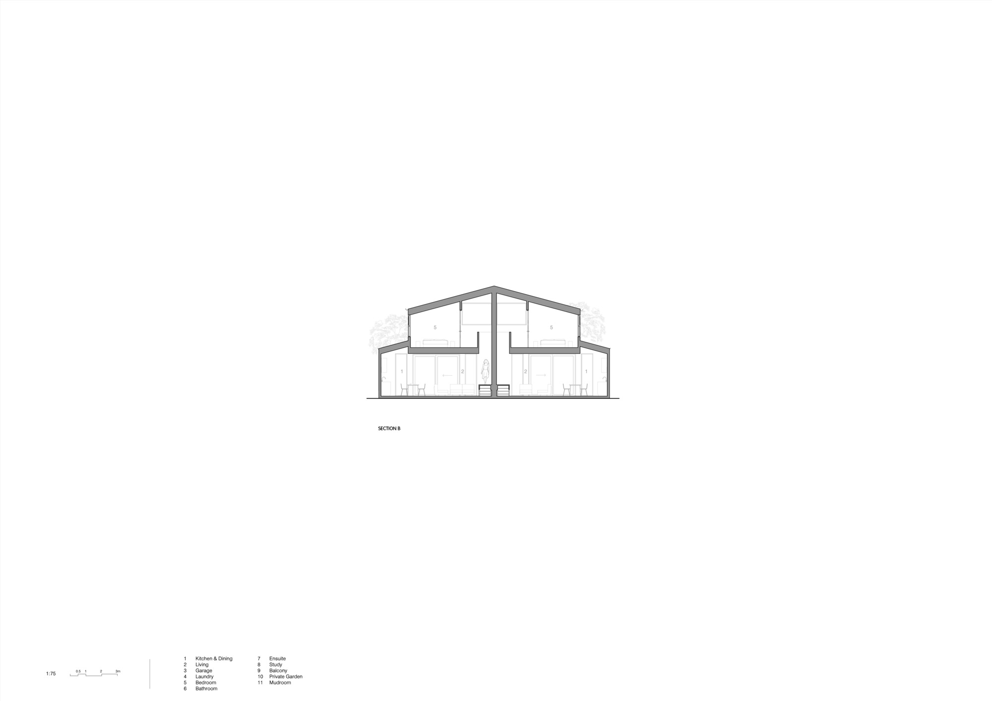 Section drawing showing pitched roof structure and internal level divisions