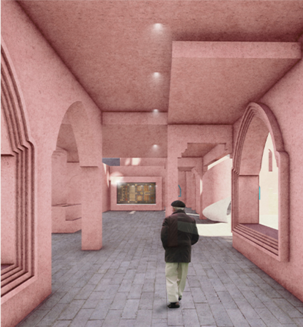 Shaded arched corridor creating a comfortable and accessible circulation space for senior residents.