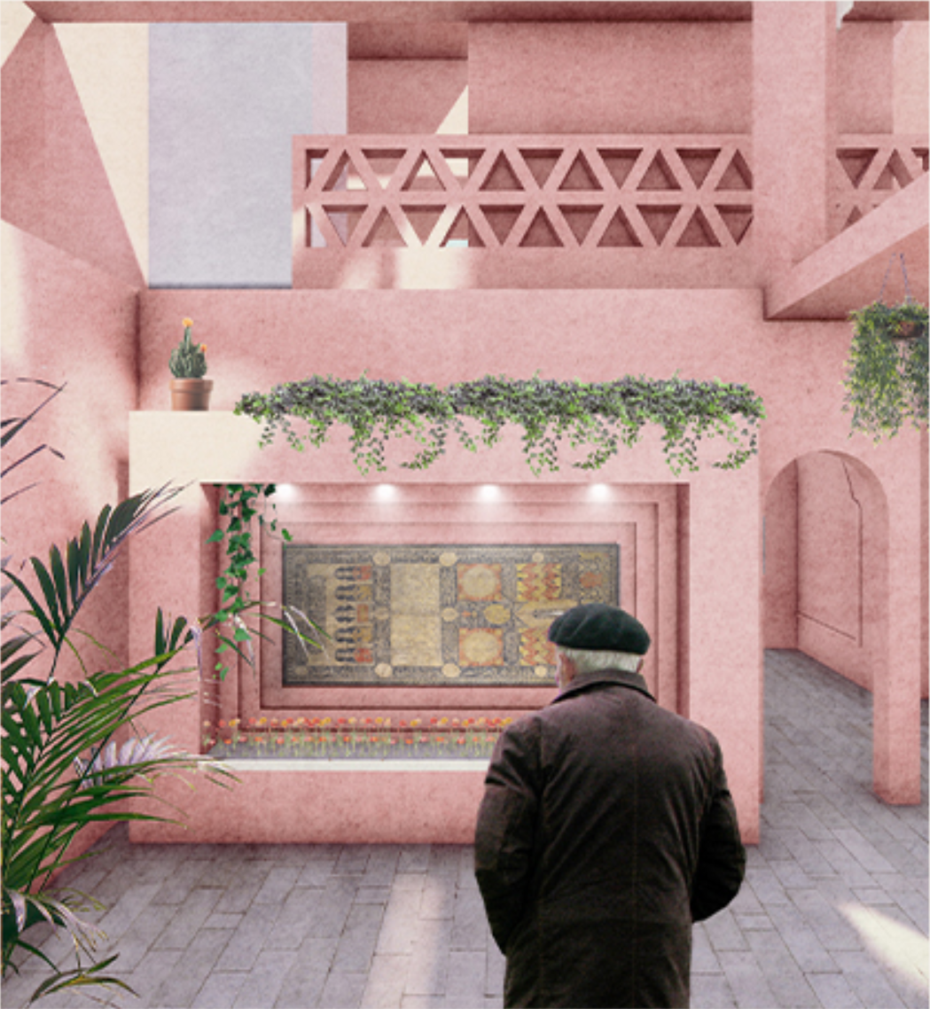 Intimate courtyard with greenery and Moroccan architectural details supporting calm everyday interaction.