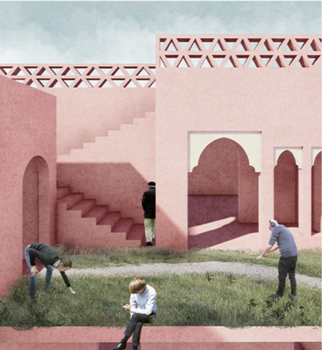 Landscaped courtyard encouraging gardening, recreation, and shared activities among residents.