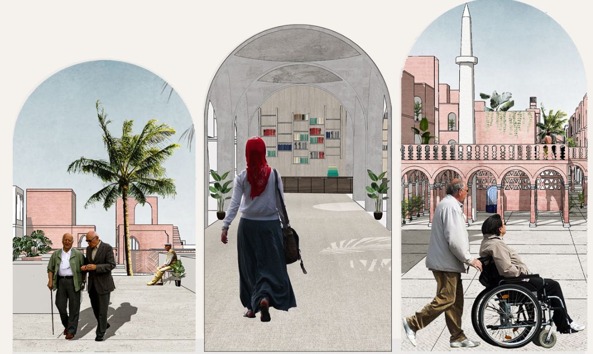 Accessible community spaces combine social areas, cultural functions, and inclusive circulation for elderly residents.