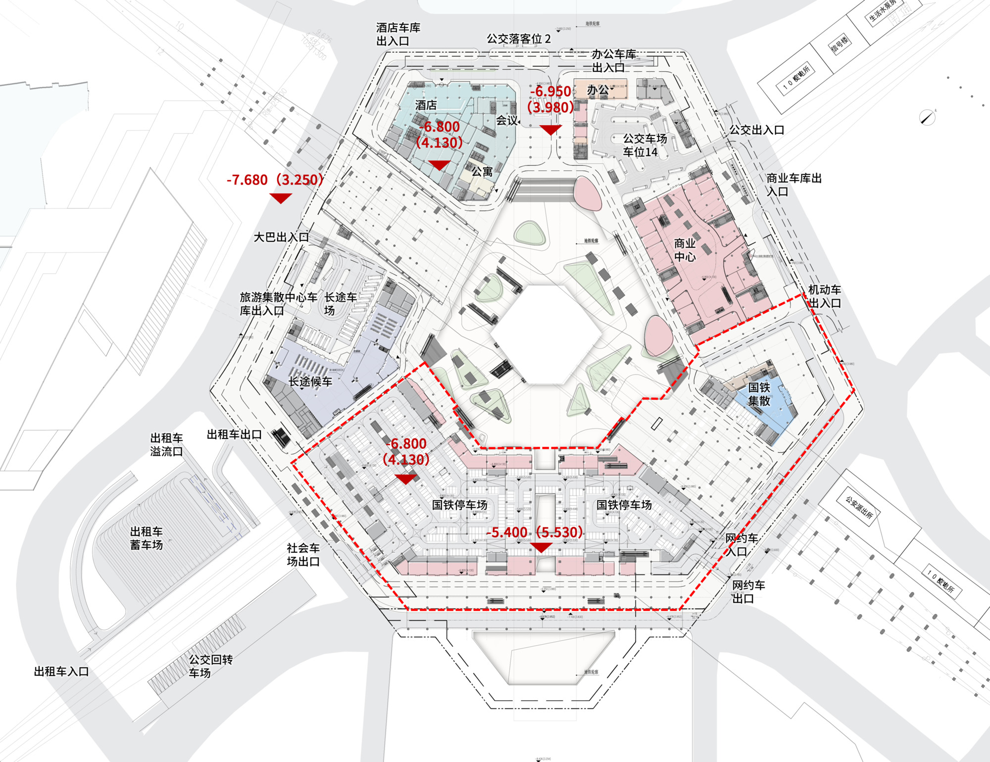 Level plan drawing of hexagonal transit hub with labeled entrances and multi-level connections