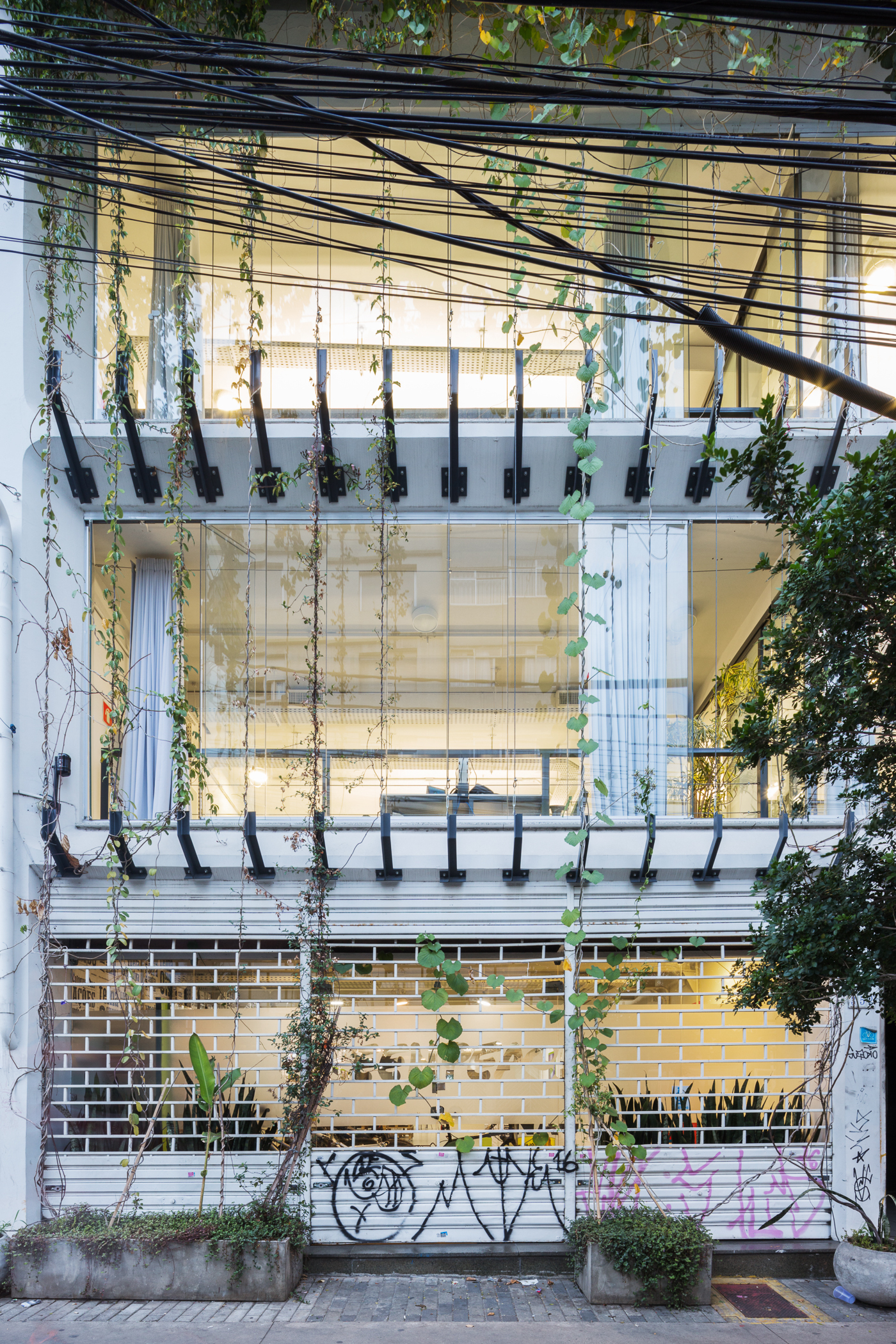Close view of the facade with steel brackets and hanging vine strands above a graffitied shutter, lit from within at dusk