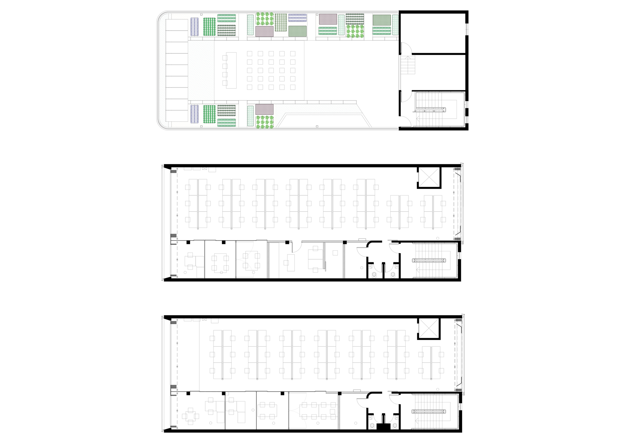 Floor plan drawing of three stacked levels, a planted rooftop and two office floors with desk rows and enclosed rooms