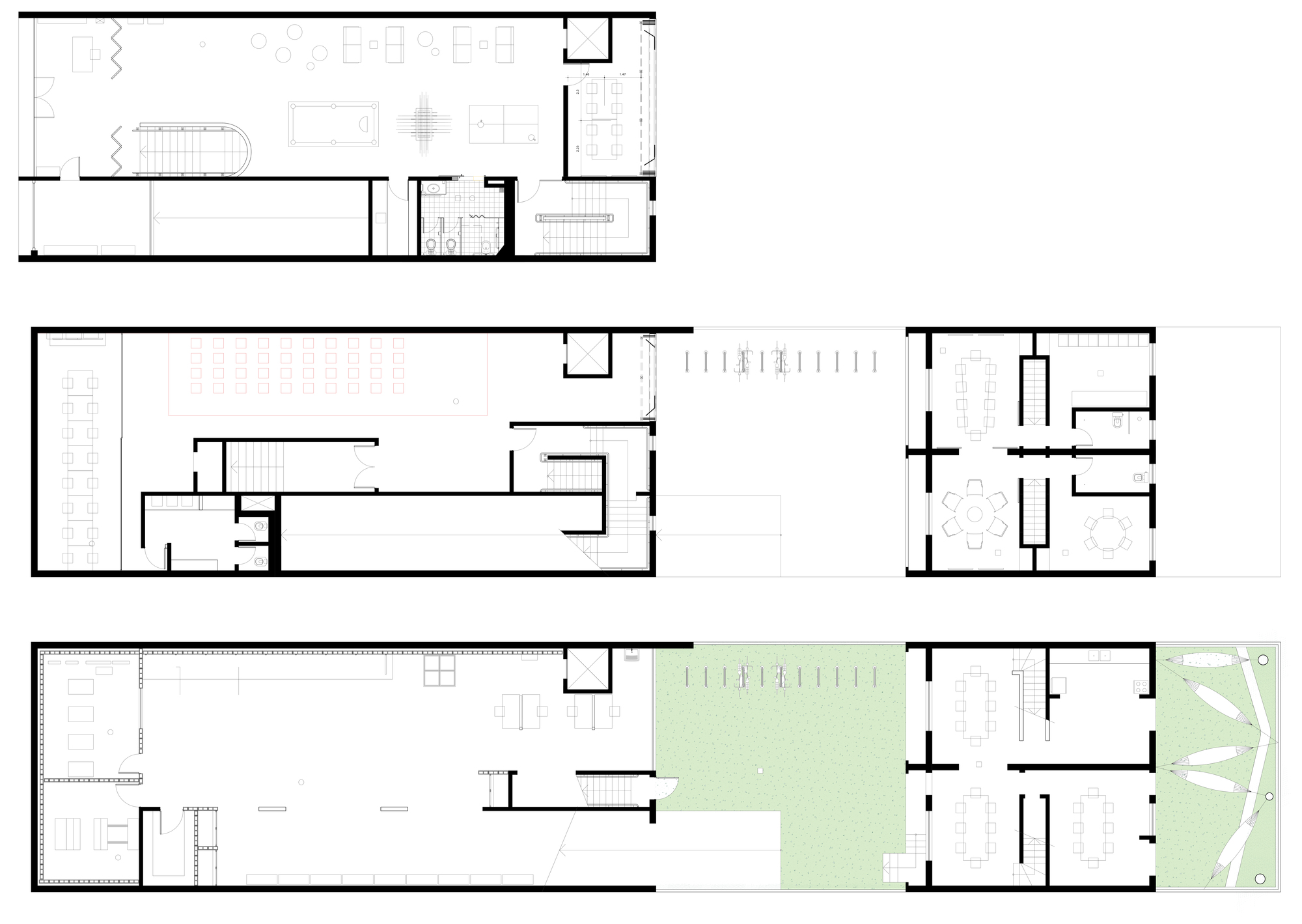 Floor plan drawing of three lower levels showing a main building and a rear block, with a green courtyard between them