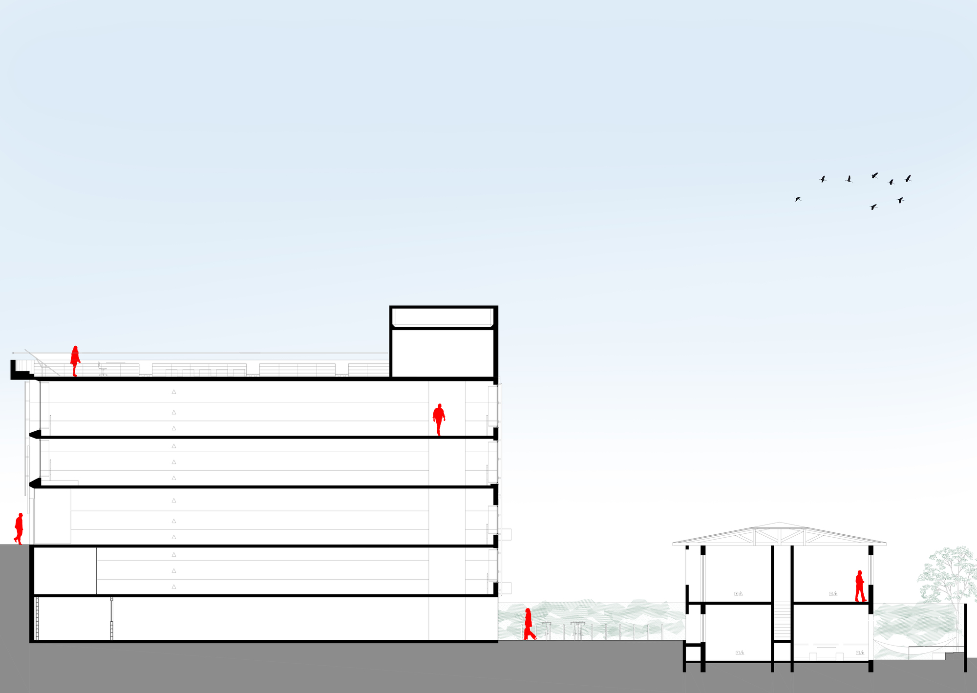 Section drawing of a multi-story building and a smaller pitched-roof block, with red figures and birds in a pale sky