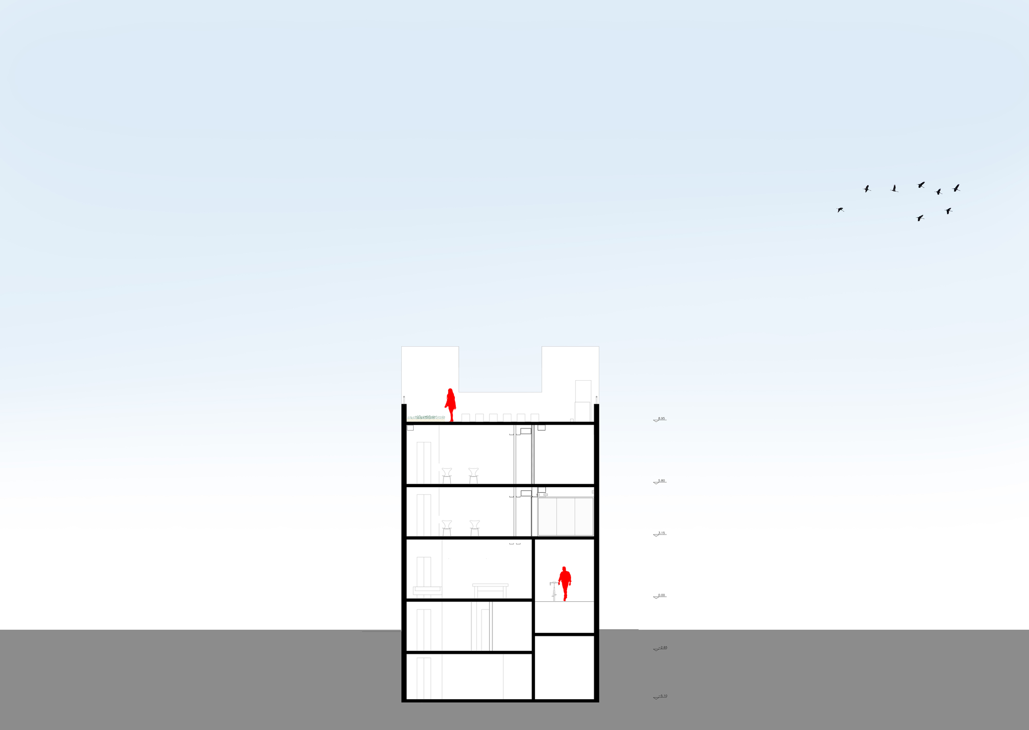 Section drawing of a narrow five-level building with a rooftop terrace, red figures and a flock of birds above