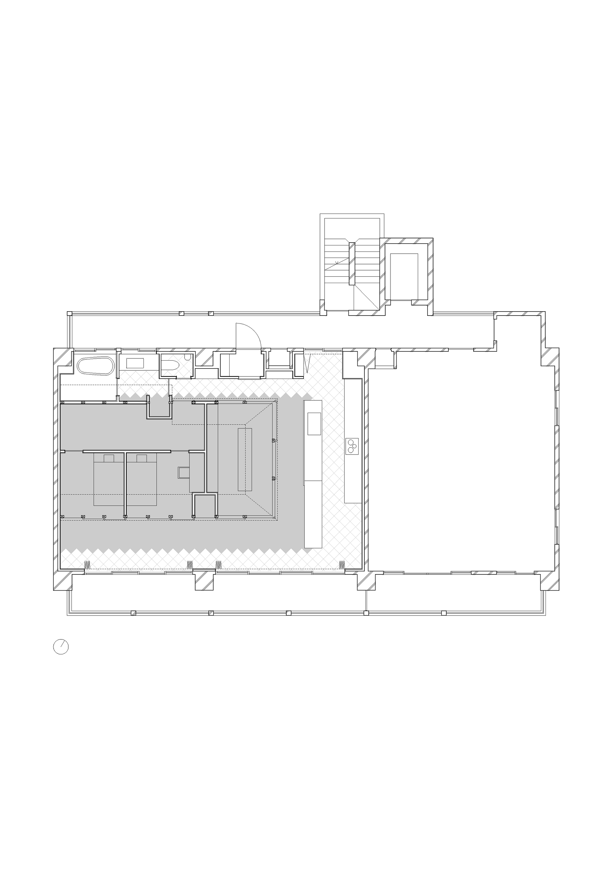 Floor plan drawing showing kitchen area with island and open dining space adjacent to entry hall