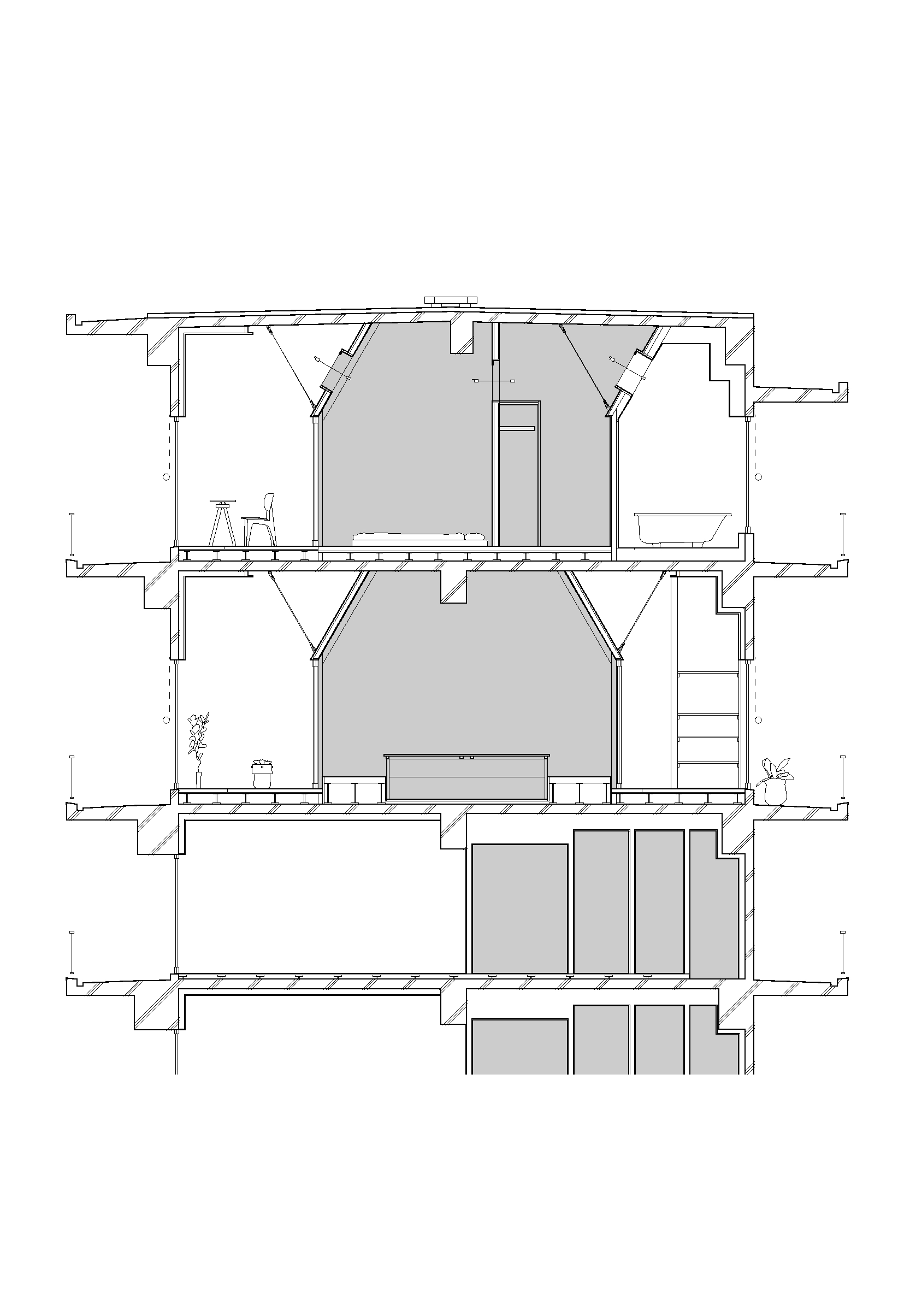 Section drawing showing three-story interior with diagonal roof trusses and stacked living spaces