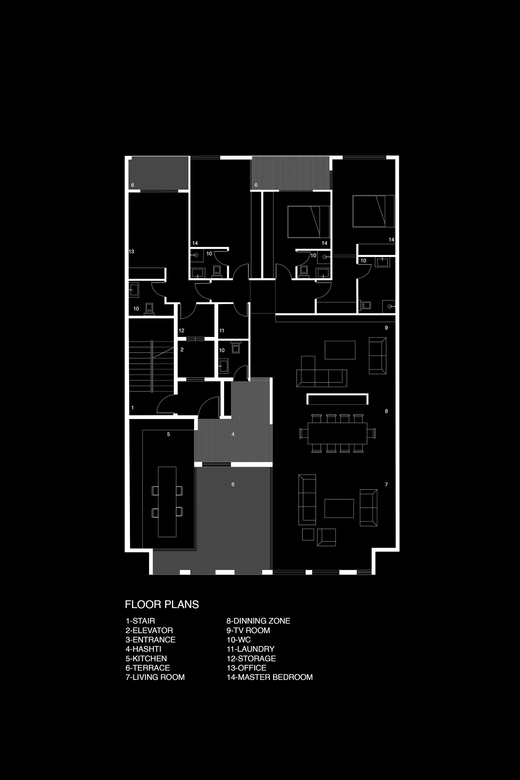 Floor plan drawing showing living spaces, bedrooms, and a central terrace with dining area