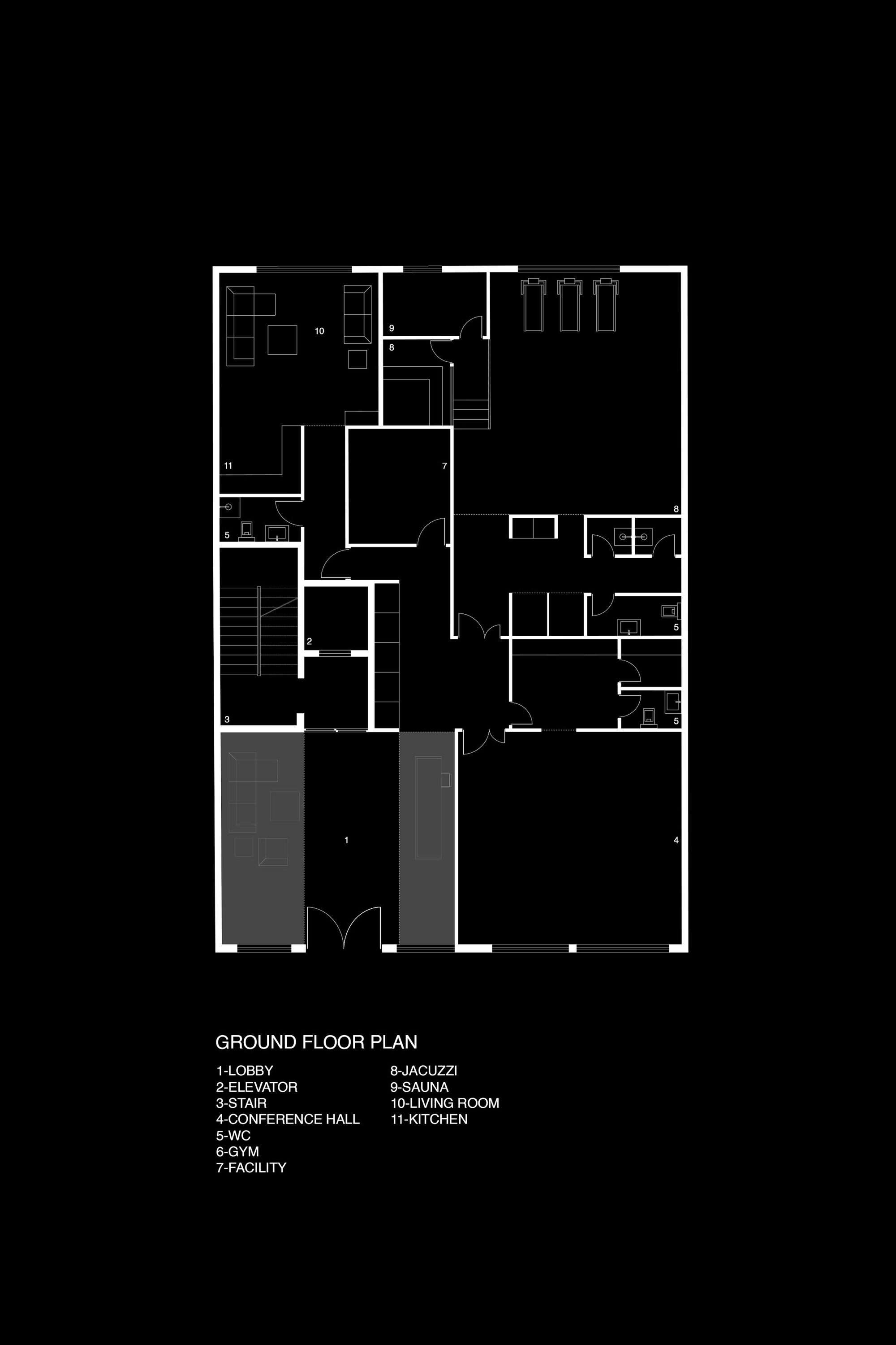 Ground floor plan drawing showing lobby, elevator core, and residential amenity spaces