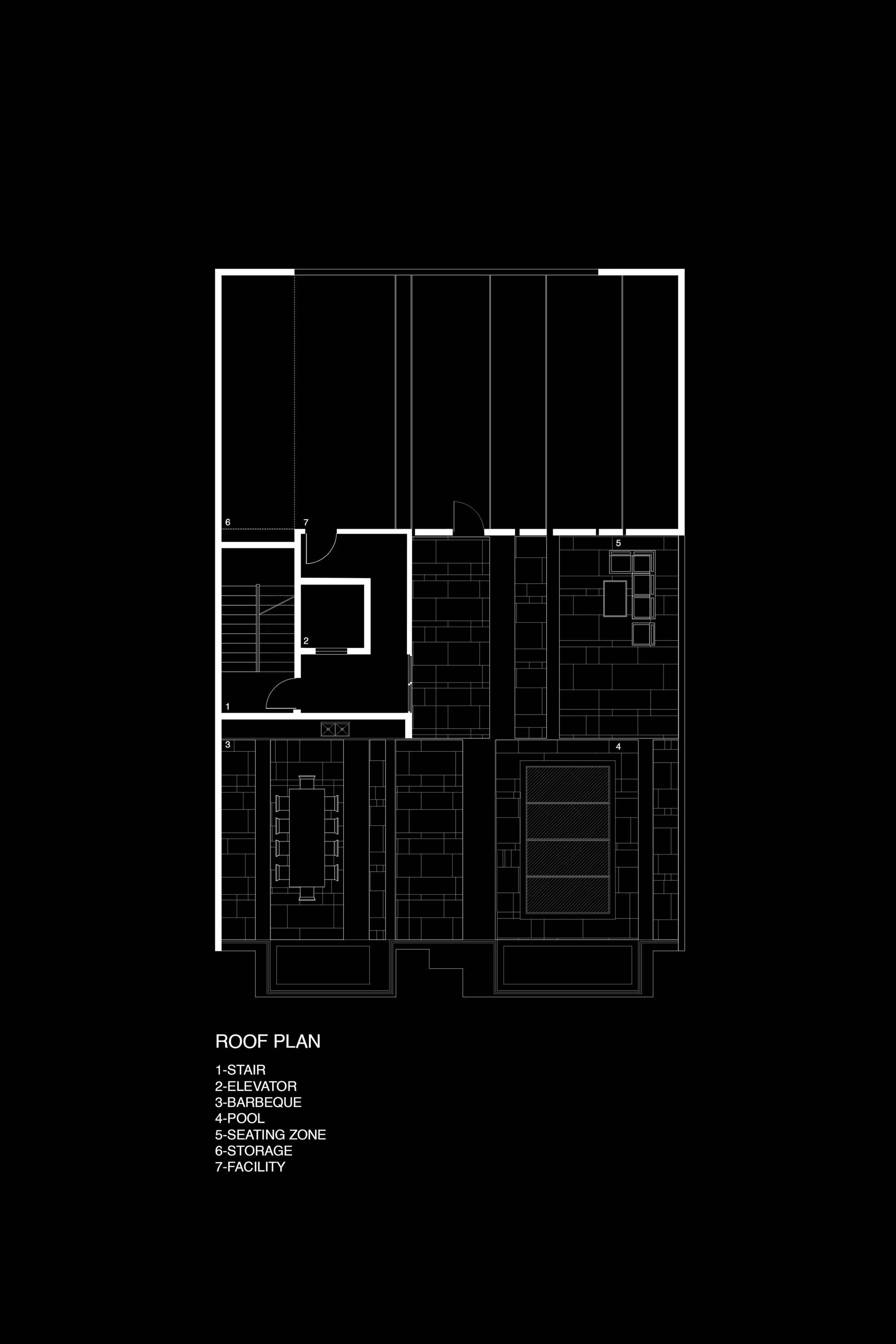 Roof plan drawing showing terrace areas, seating zones, and mechanical equipment layout