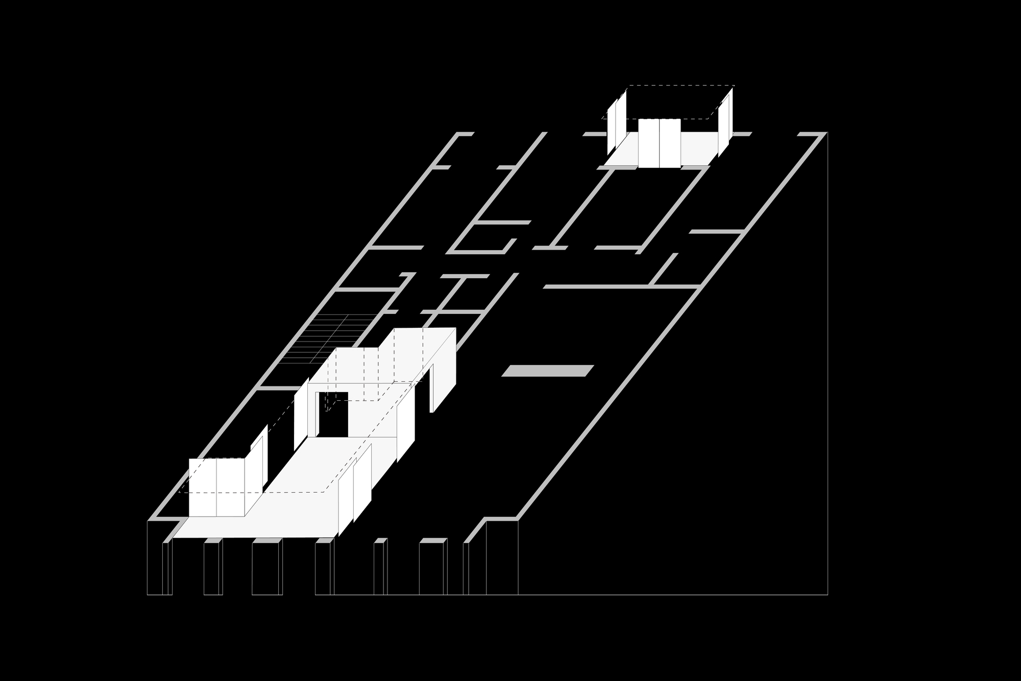 Axonometric drawing showing two offset volumes connected by elevated pathways and a gridded roof plane