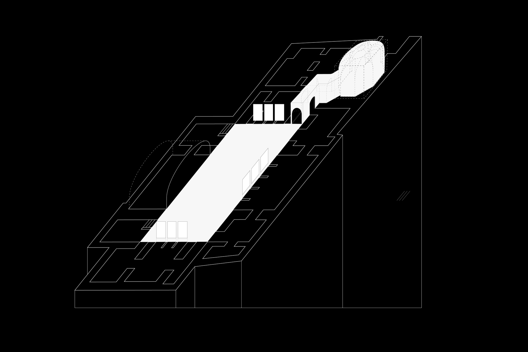 Axonometric drawing showing an elongated building with central courtyard and diagonal circulation routes