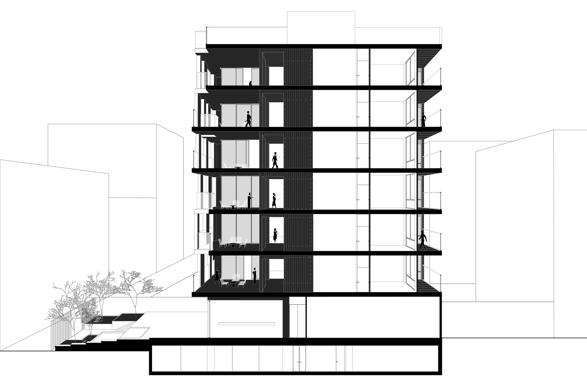 Section drawing showing seven floors with exposed structure, double-height spaces and human figures for scale