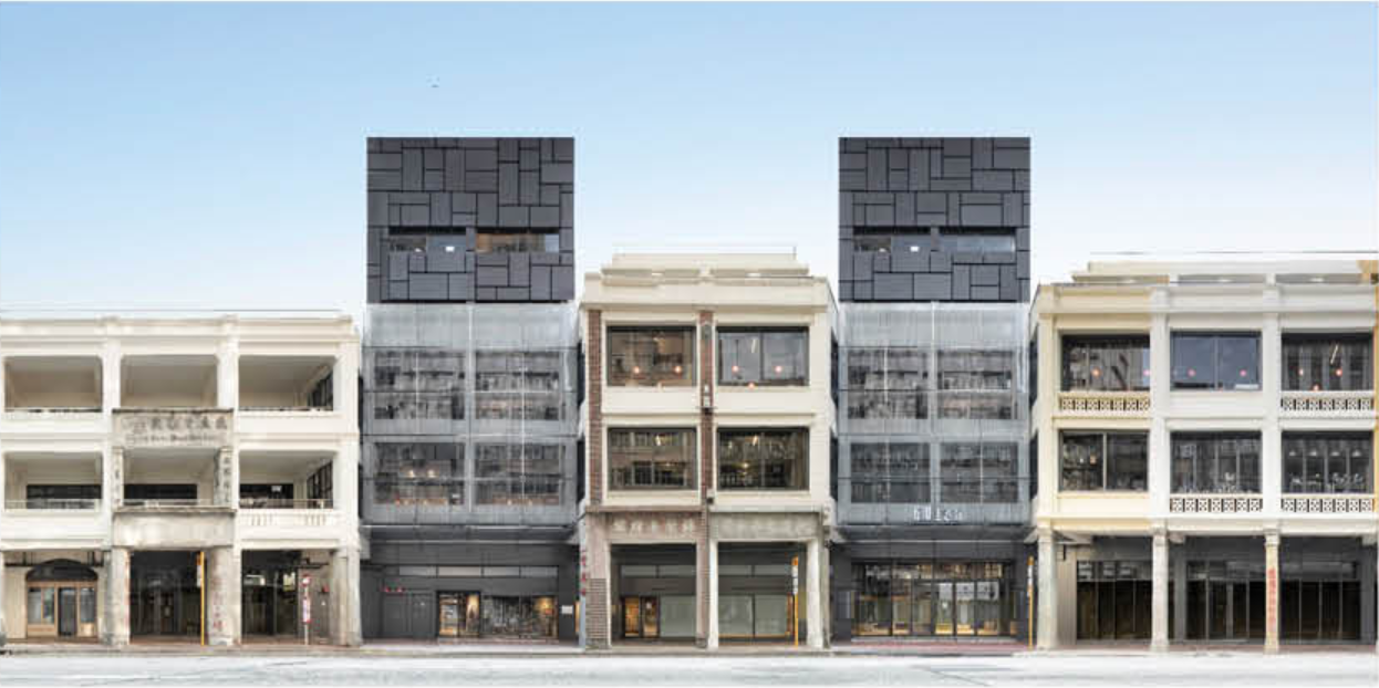 Revitalized Shanghai Street 618, where preserved tong-lau facades meet contemporary architectural interventions.
