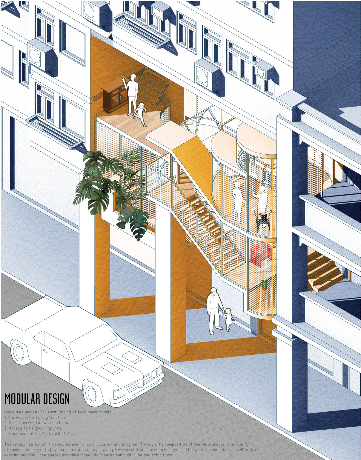 Parasitic modular intervention extending from the existing building to create new public circulation and gathering spaces.