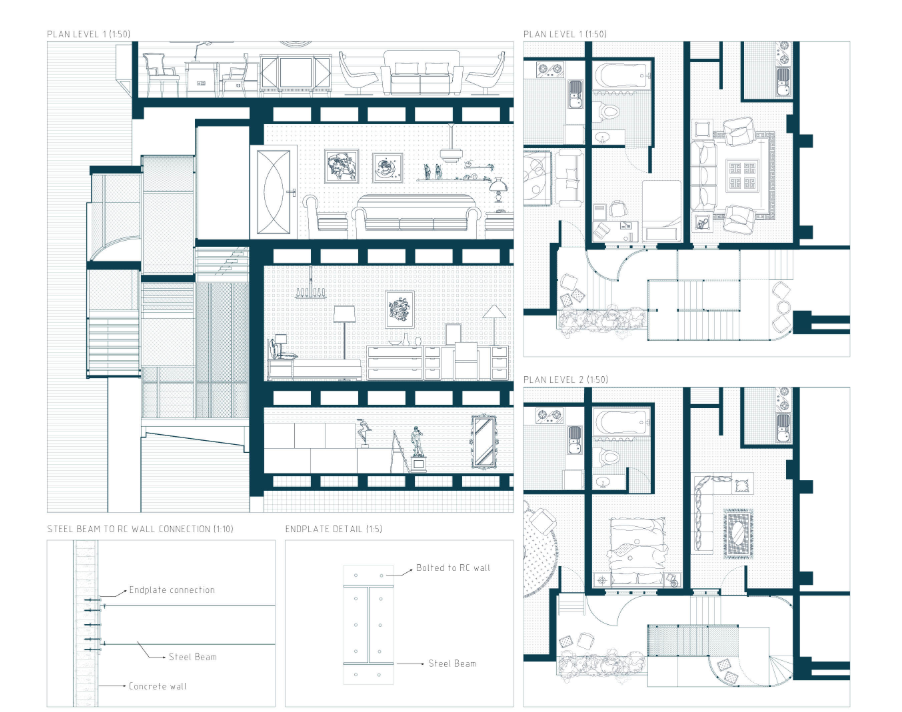 Plans and structural details illustrate how the new intervention connects carefully with the existing reinforced concrete building.