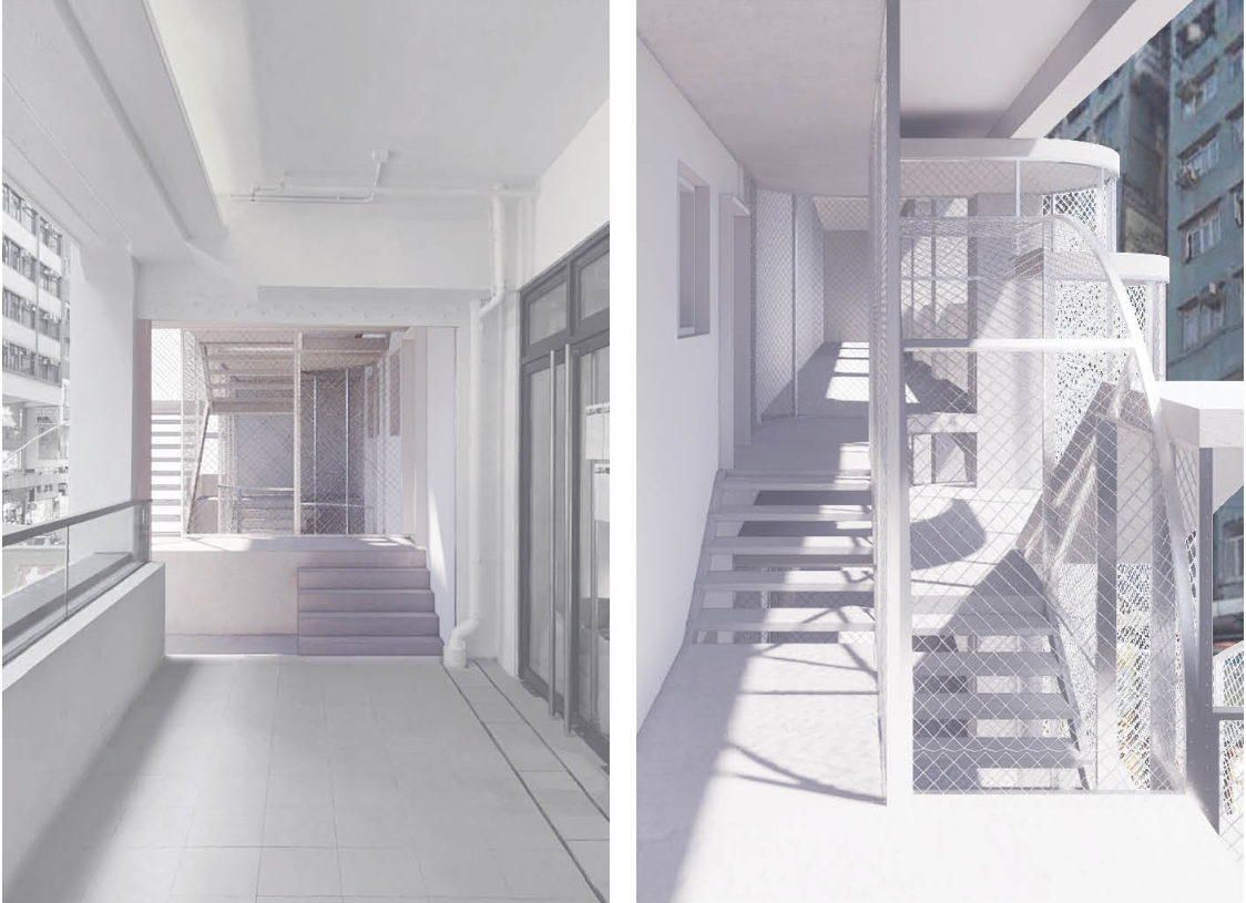 Interior views reveal lightweight mesh enclosures and stair connections forming a porous transition between old and new architecture.