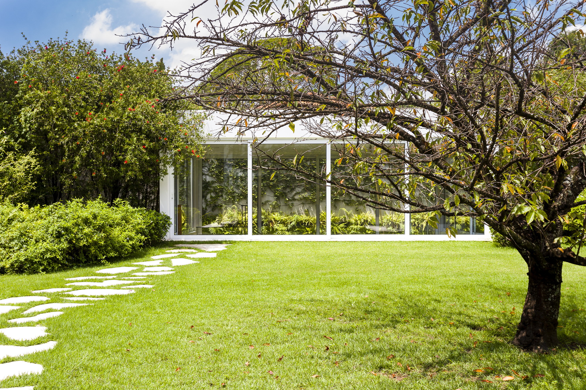 Glass pavilion seen across a lawn with stepping stones and a bare-branched tree under a blue sky with clouds