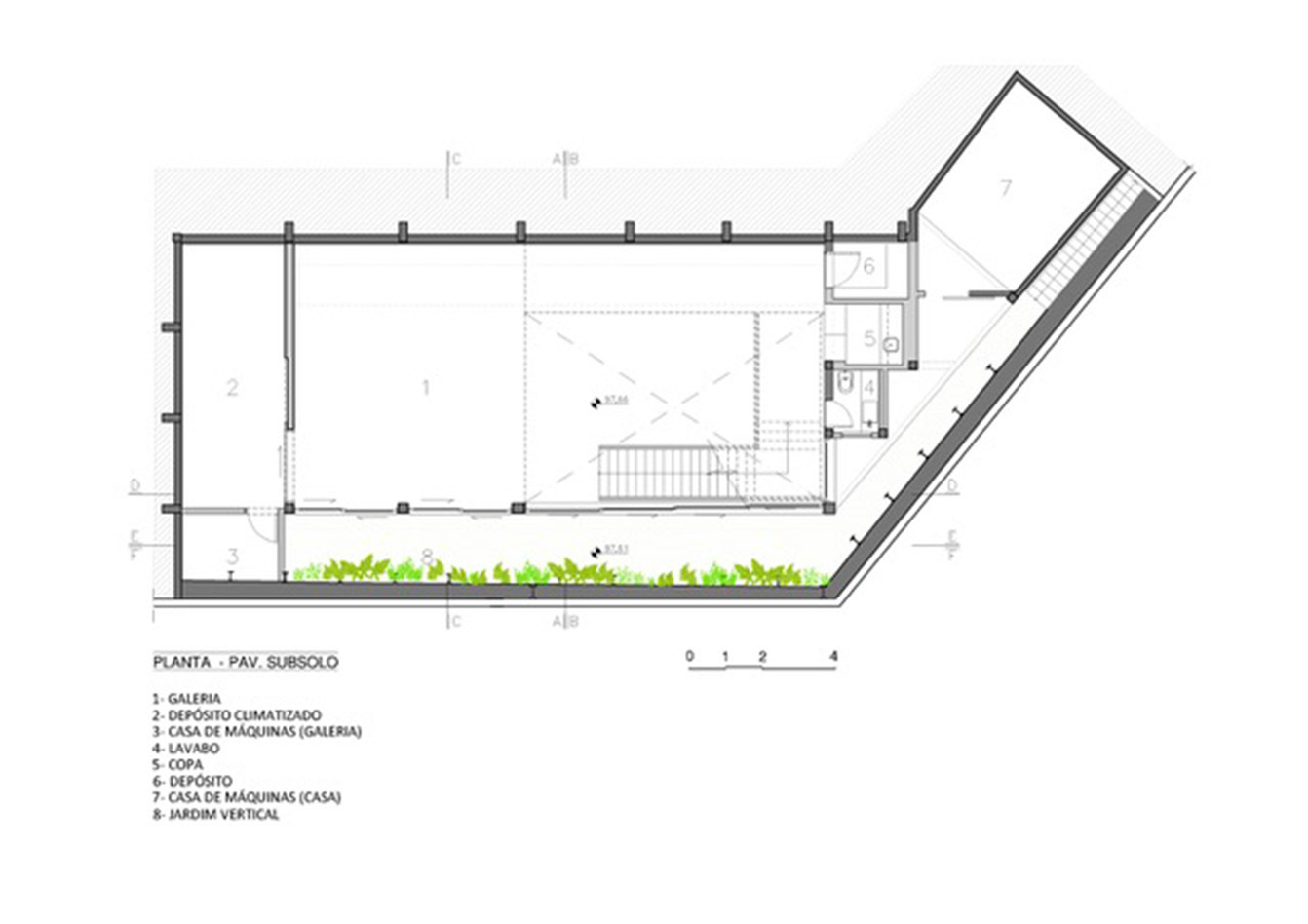 Basement floor plan drawing showing the gallery, storage rooms, stair and a strip of vertical garden along an angled wall