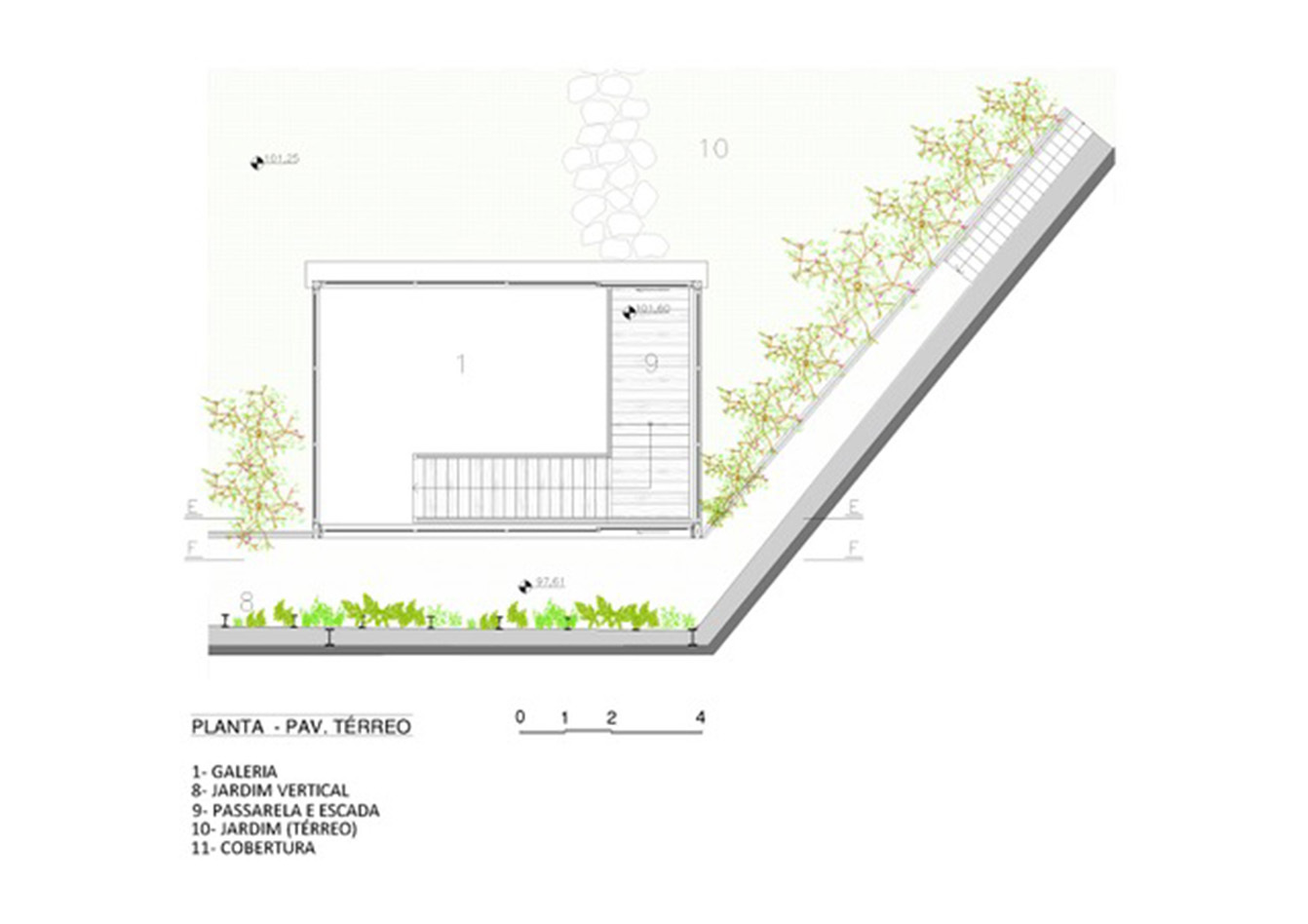 Ground floor plan drawing showing the gallery volume, a stair and walkway, and climbing plants along the angled boundary wall