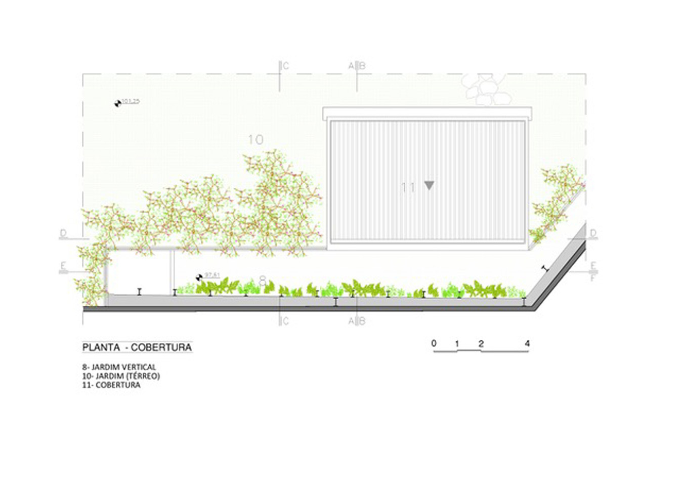 Roof plan drawing showing the ribbed roof over the gallery, the garden around it and the vertical garden strip below
