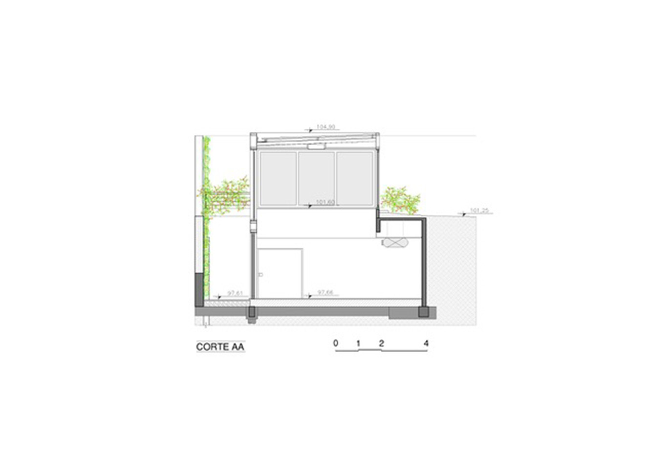 Section drawing of the two-level gallery with glazed upper floor, retaining wall at right and climbing plants on the left
