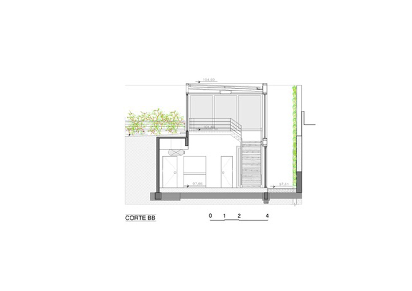 Section drawing showing a stair rising from a ground floor room to a glazed upper volume, with a planted terrace and green wall