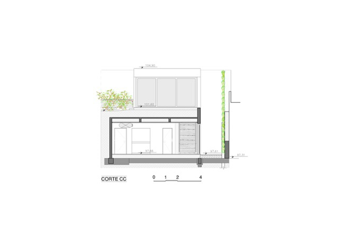 Section drawing cutting through a ground floor room and a glazed upper volume, with a planted terrace on the left and a vine wall on the right