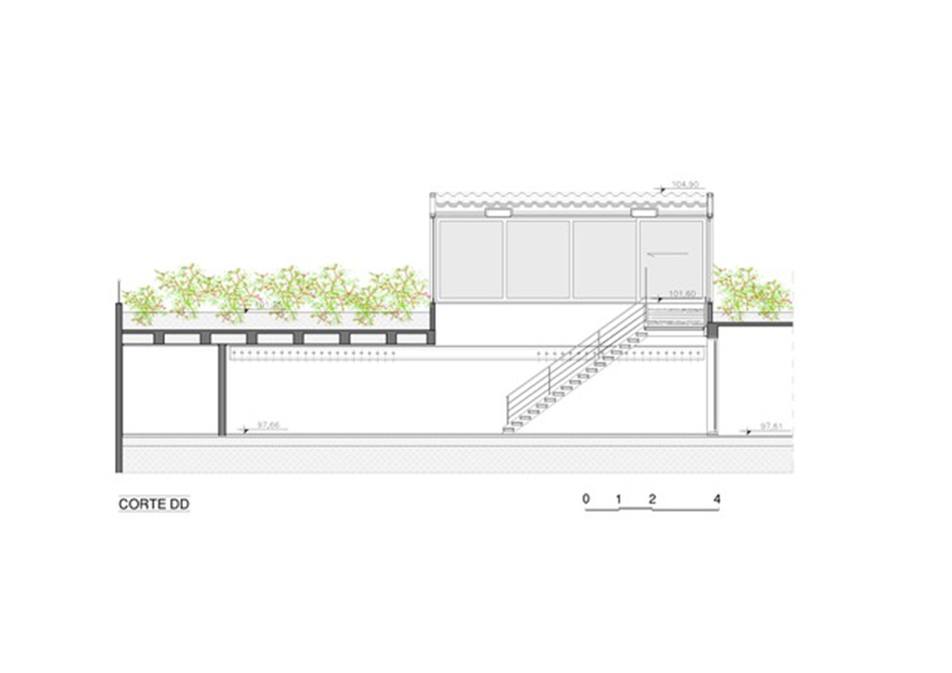 Long section drawing showing a steel stair climbing to a glazed pavilion above a planted roof terrace with a ribbed slab