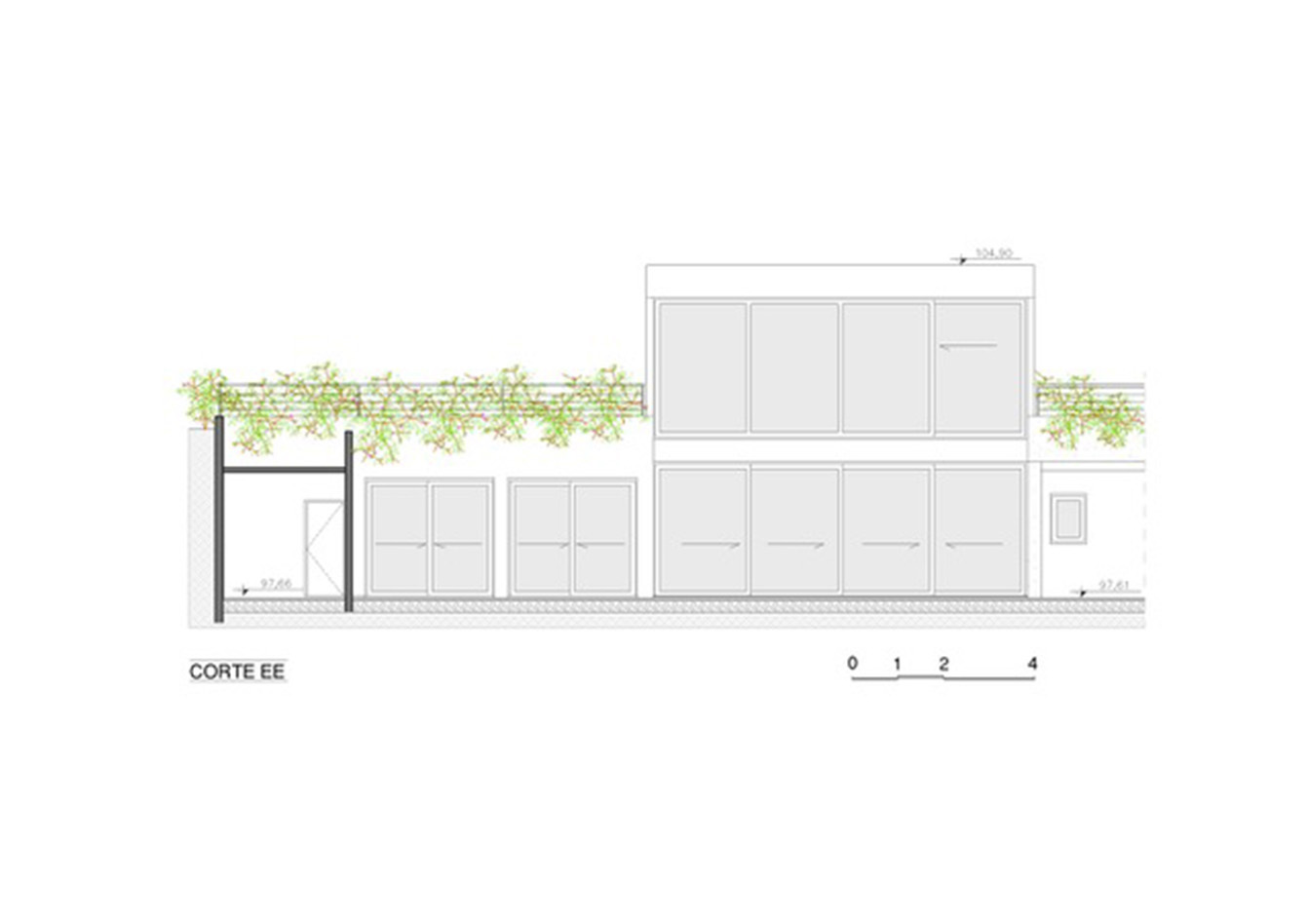 Section drawing of a street-facing elevation with sliding glazed panels on two levels and a vine-covered roof edge