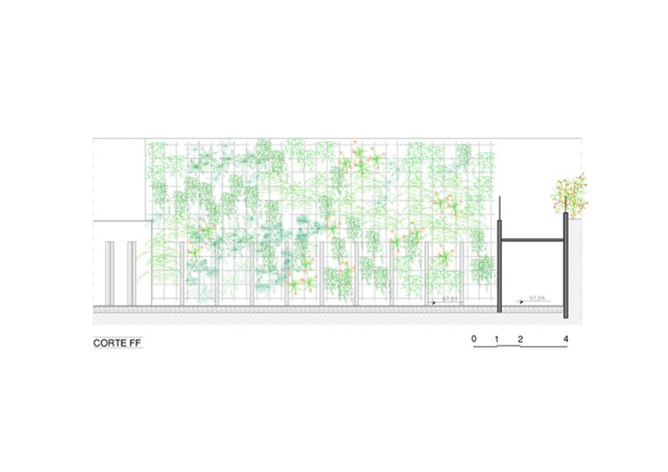 Section drawing of a tall trellis wall densely covered in climbing plants, with slender posts at its base and a steel frame at right