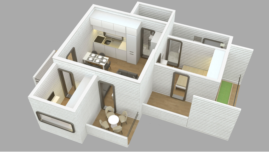 Interior view of ABADGAR’s modular housing unit showing compact living, kitchen, sleeping, and service spaces.