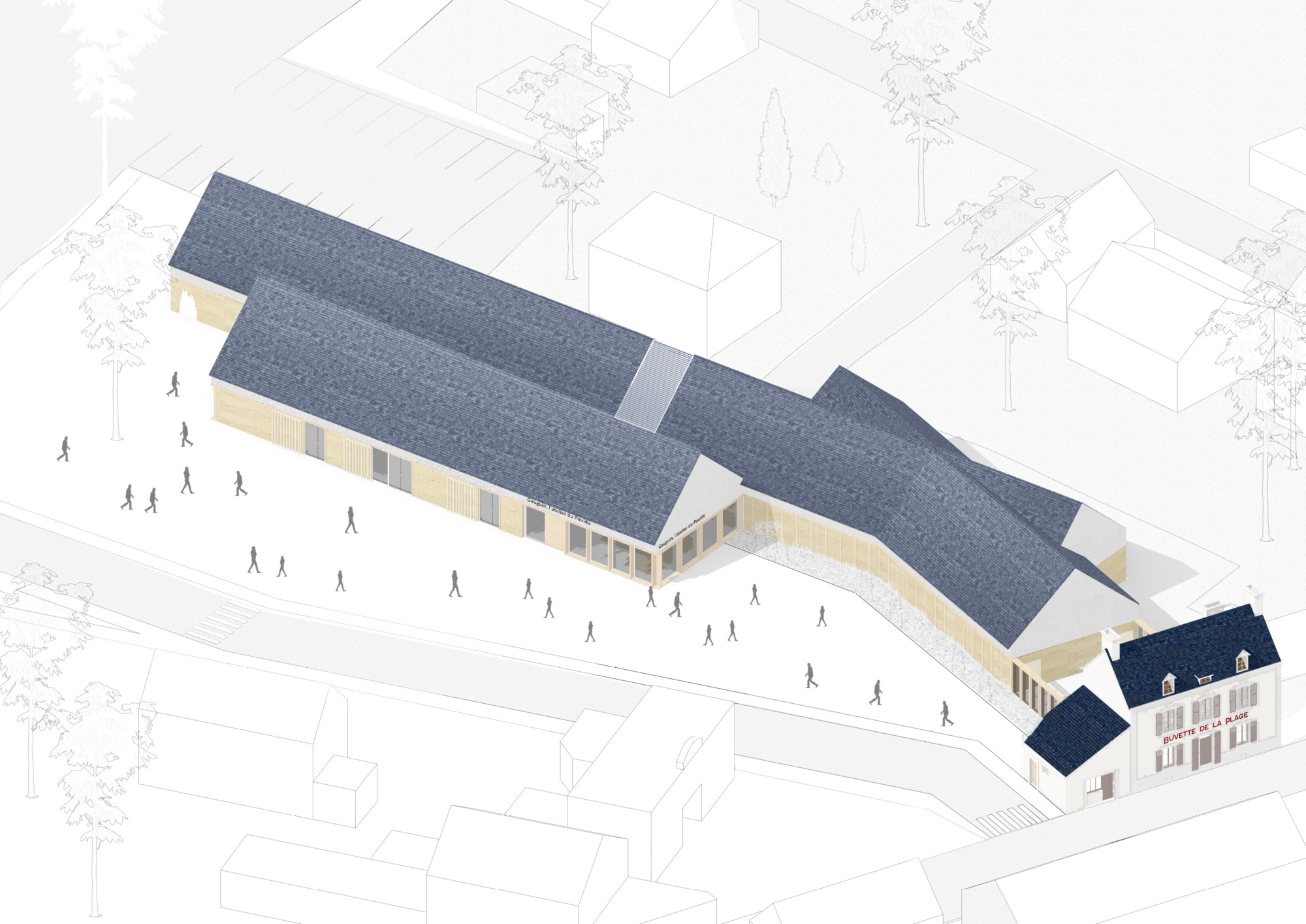 Axonometric drawing showing the curved glass facade and pitched roof volumes within the surrounding urban fabric