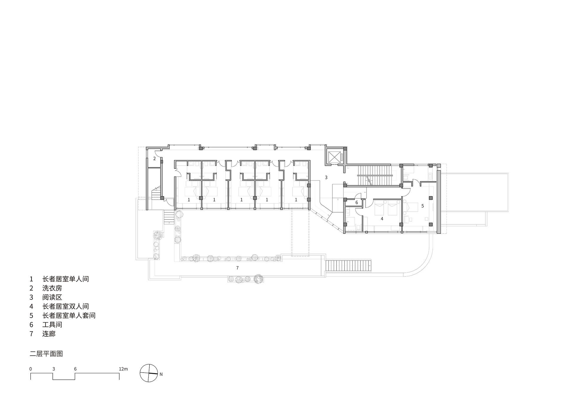 Second floor plan drawing showing a row of repetitive rooms along a corridor with outdoor terraces