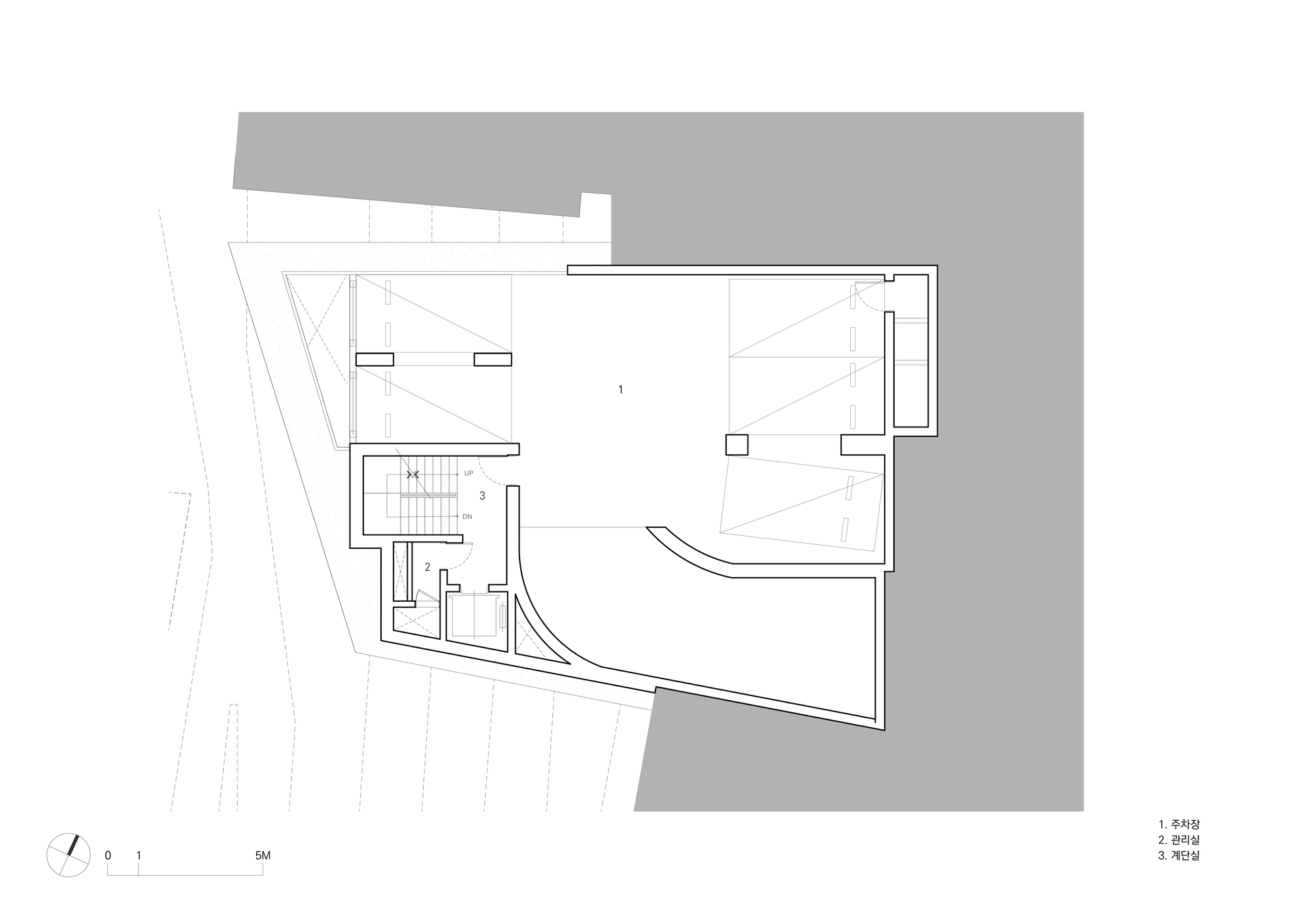 Roof plan drawing showing the angled upper level with terraces and stair core