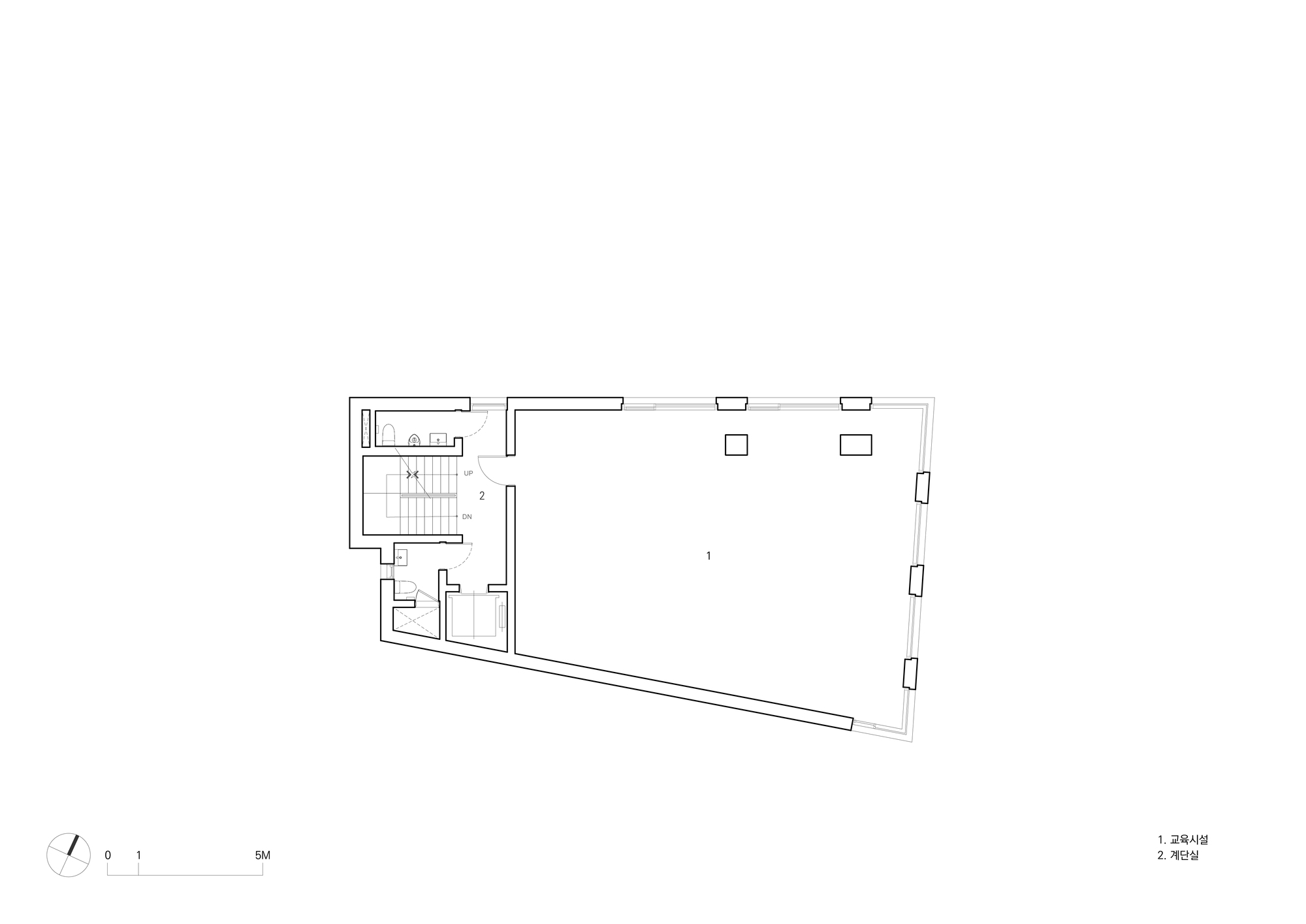 Floor plan drawing showing the entry level with stair core and tapered floor plate