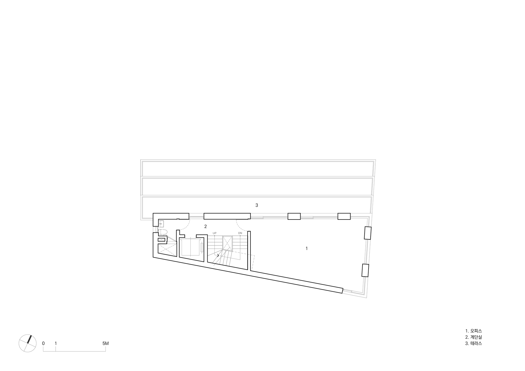 Floor plan drawing depicting layered spaces with a central staircase and horizontal banded zones above