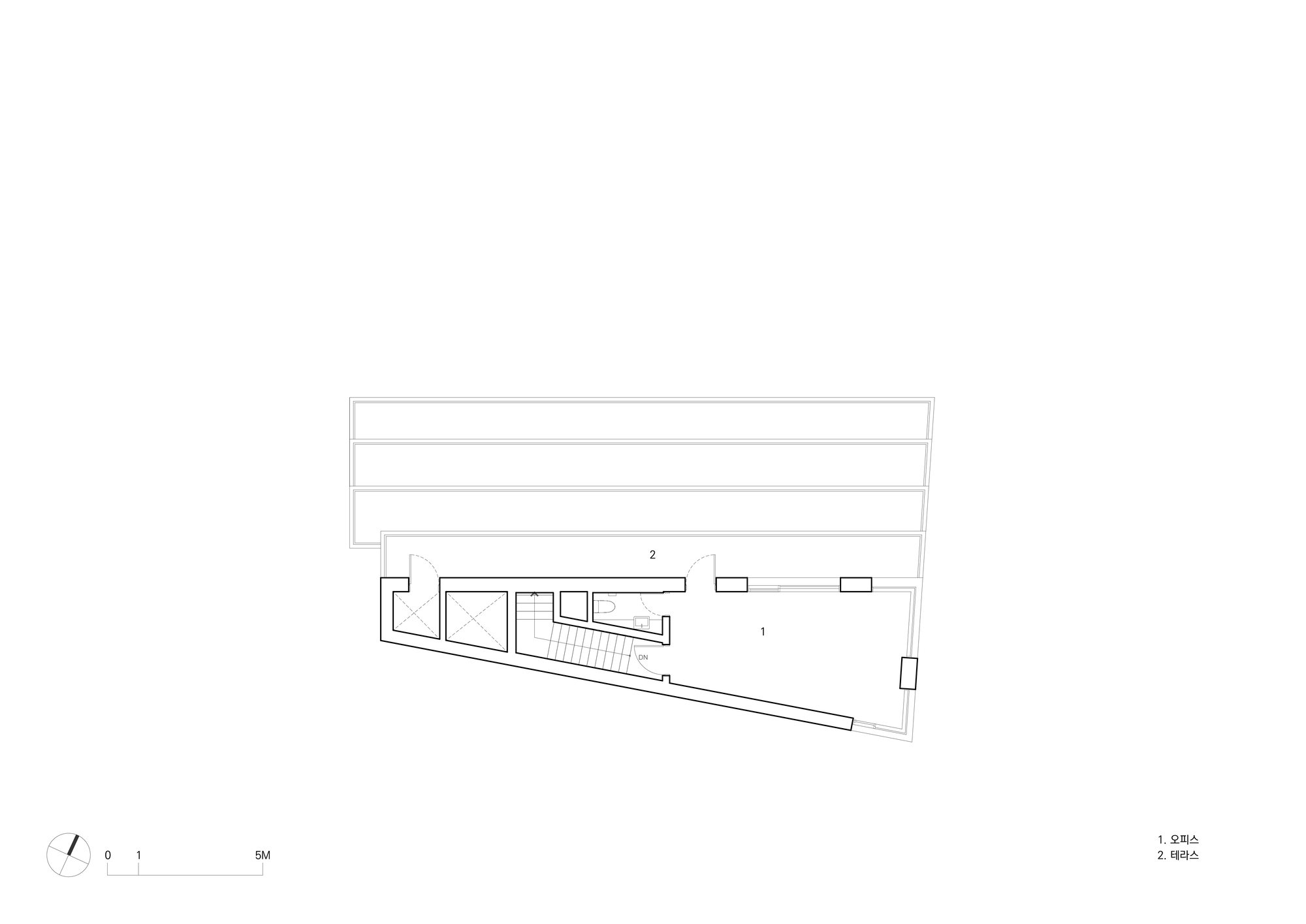 Floor plan drawing showing the angled layout with compact service zones and a large open area